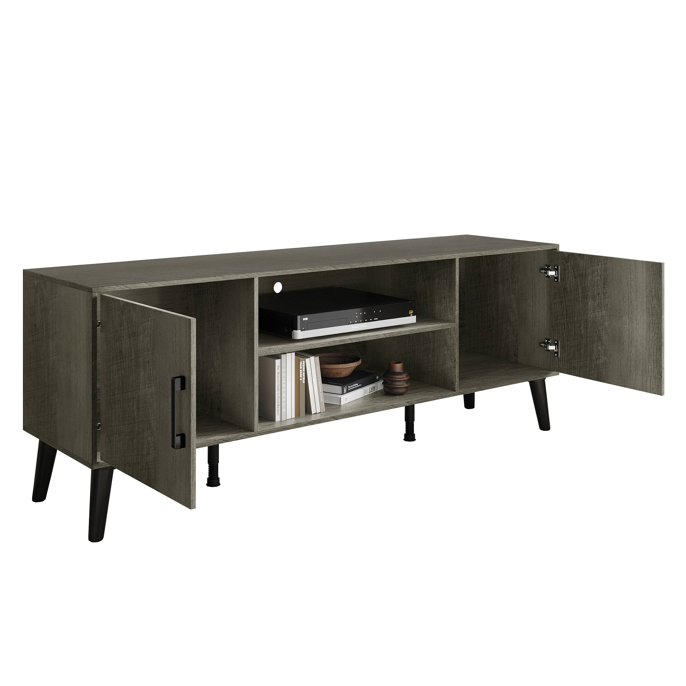 Alt View 1. ChaletPosh - Modern TV Console with 2 Cabinets and Open Shelving, Grey - Grey.