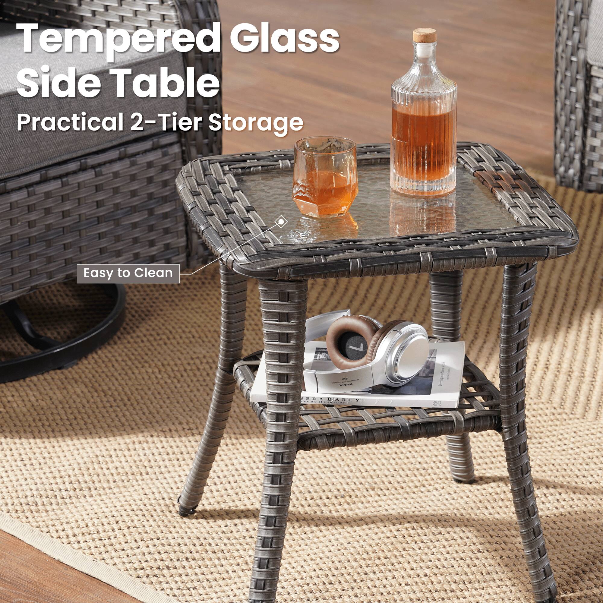 Tempered Glass Side Table  
Practical 2-Tier Storage  
Easy to Clean