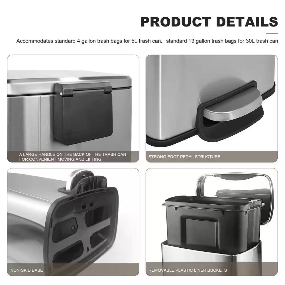 **PRODUCT DETAILS**

- Accommodates standard 4 gallon trash bags for 5L trash can, standard 13 gallon trash bags for 30L trash can
- A LARGE HANDLE ON THE BACK OF THE TRASH CAN FOR CONVENIENT MOVING AND LIFTING
- STRONG FOOT PEDAL STRUCTURE
- NON-SKID BASE
- REMOVABLE PLASTIC LINER BUCKETS