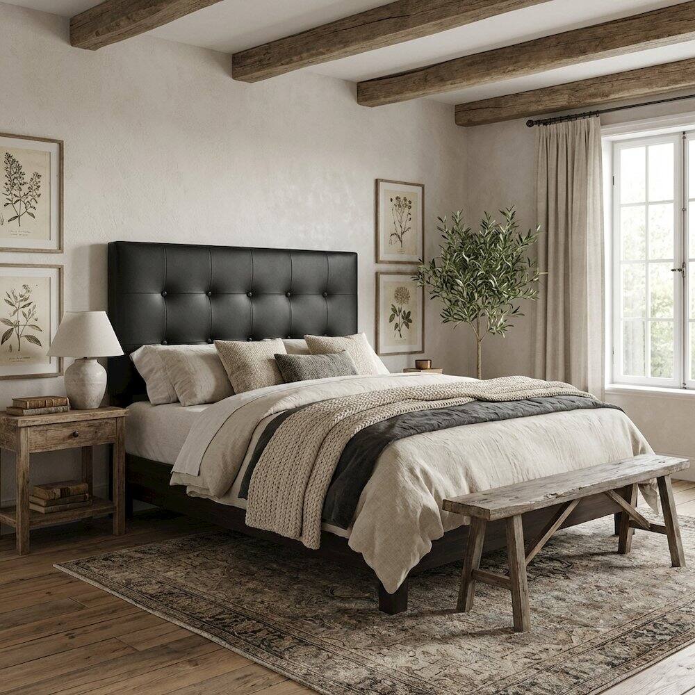 Angle. FurniFact - Upholstered Vinyl Twin Headboard with Cushioned Support and Durable Frame - Black.