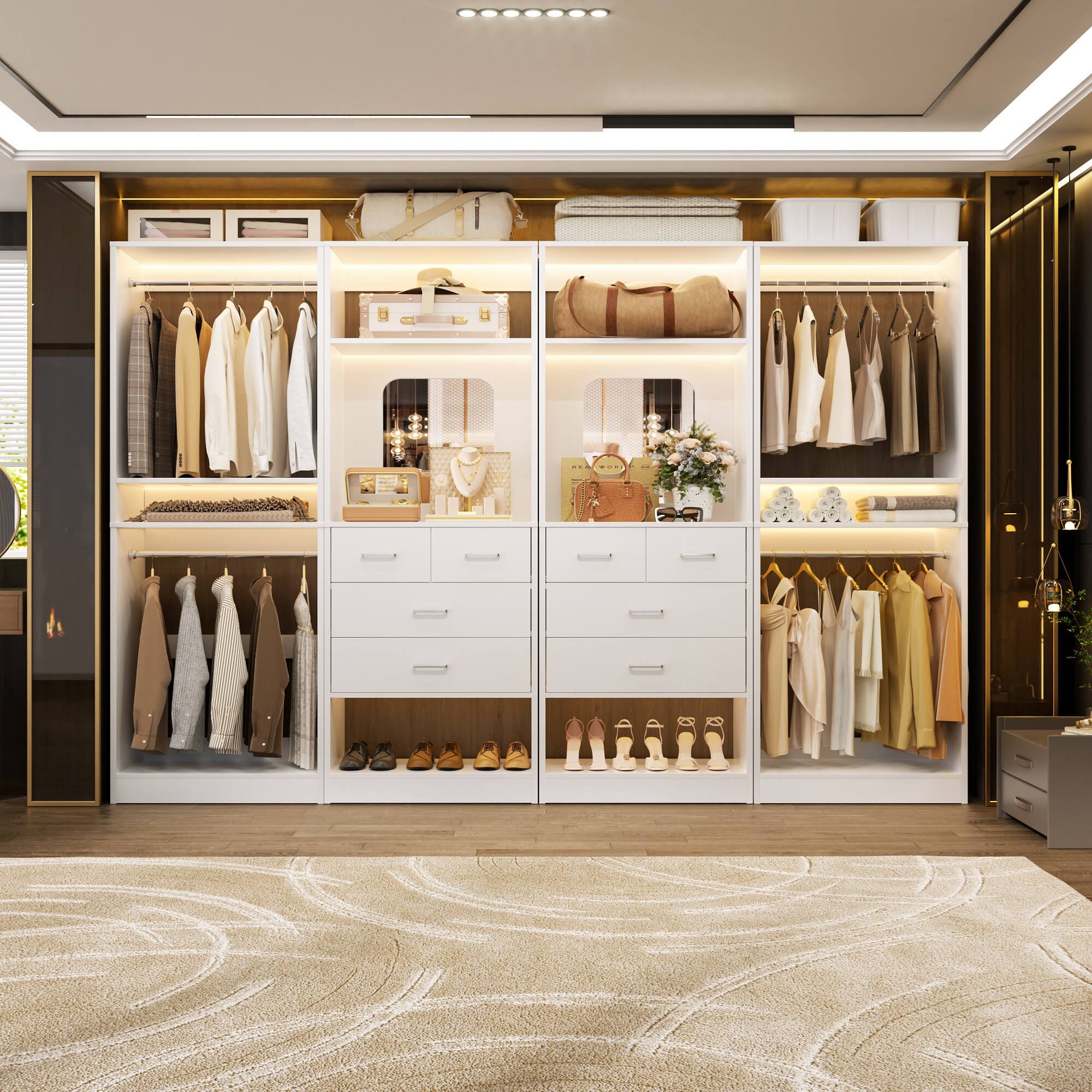 Alt View 1. Aheaplus - 100'' Walk-In Closet Organizer System with 8 Drawers and 4 Hanging Rods for Storage and Organization - White.