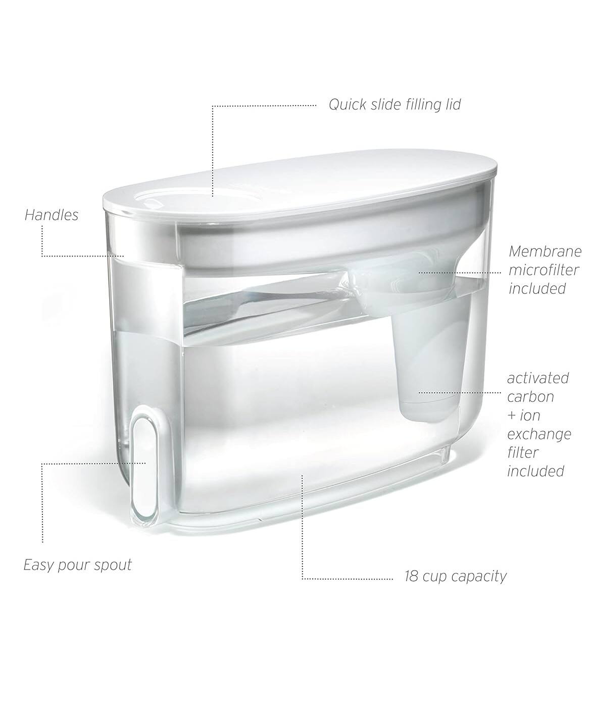- Quick slide filling lid
- Handles
- Membrane microfilter included
- Activated carbon + ion exchange filter included
- Easy pour spout
- 18 cup capacity