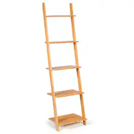 Costway - 5-Tier Ladder Shelf Modern Bamboo Leaning Bookshelf Ladder Bookcase Open Display - Natural