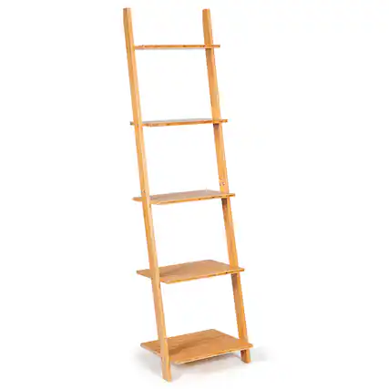 Front. Costway - Costway 5-Tier Ladder Shelf Modern Bamboo Leaning Bookshelf Ladder Bookcase Open Display - Natural.