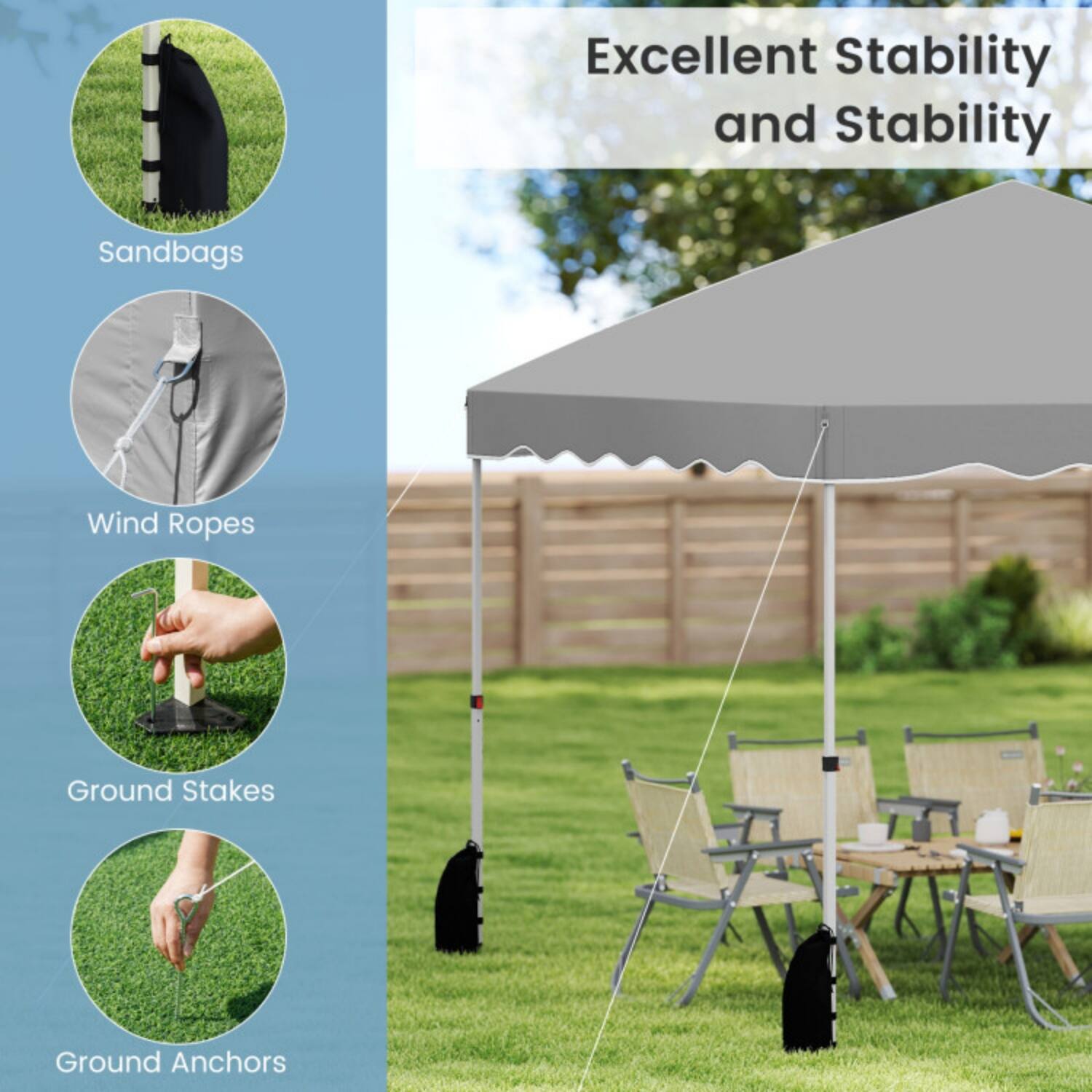 Excellent Stability and Stability

- Sandbags
- Wind Ropes
- Ground Stakes
- Ground Anchors