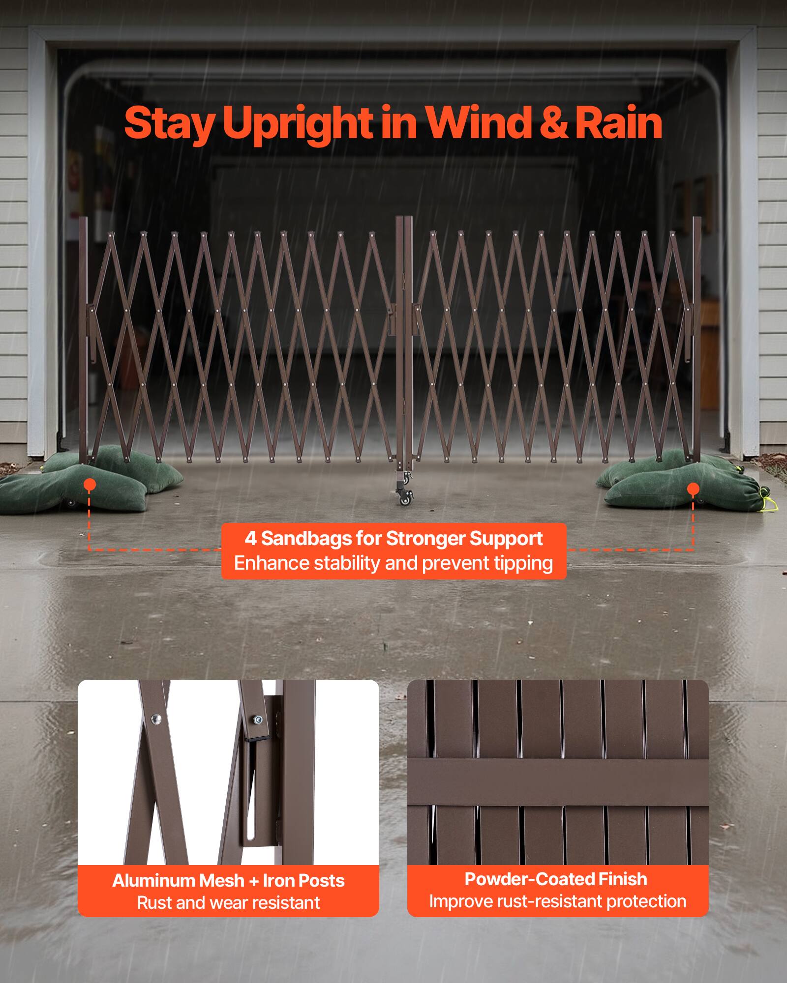 Stay Upright in Wind & Rain

4 Sandbags for Stronger Support  
Enhance stability and prevent tipping

Aluminum Mesh + Iron Posts  
Rust and wear resistant

Powder-Coated Finish  
Improve rust-resistant protection