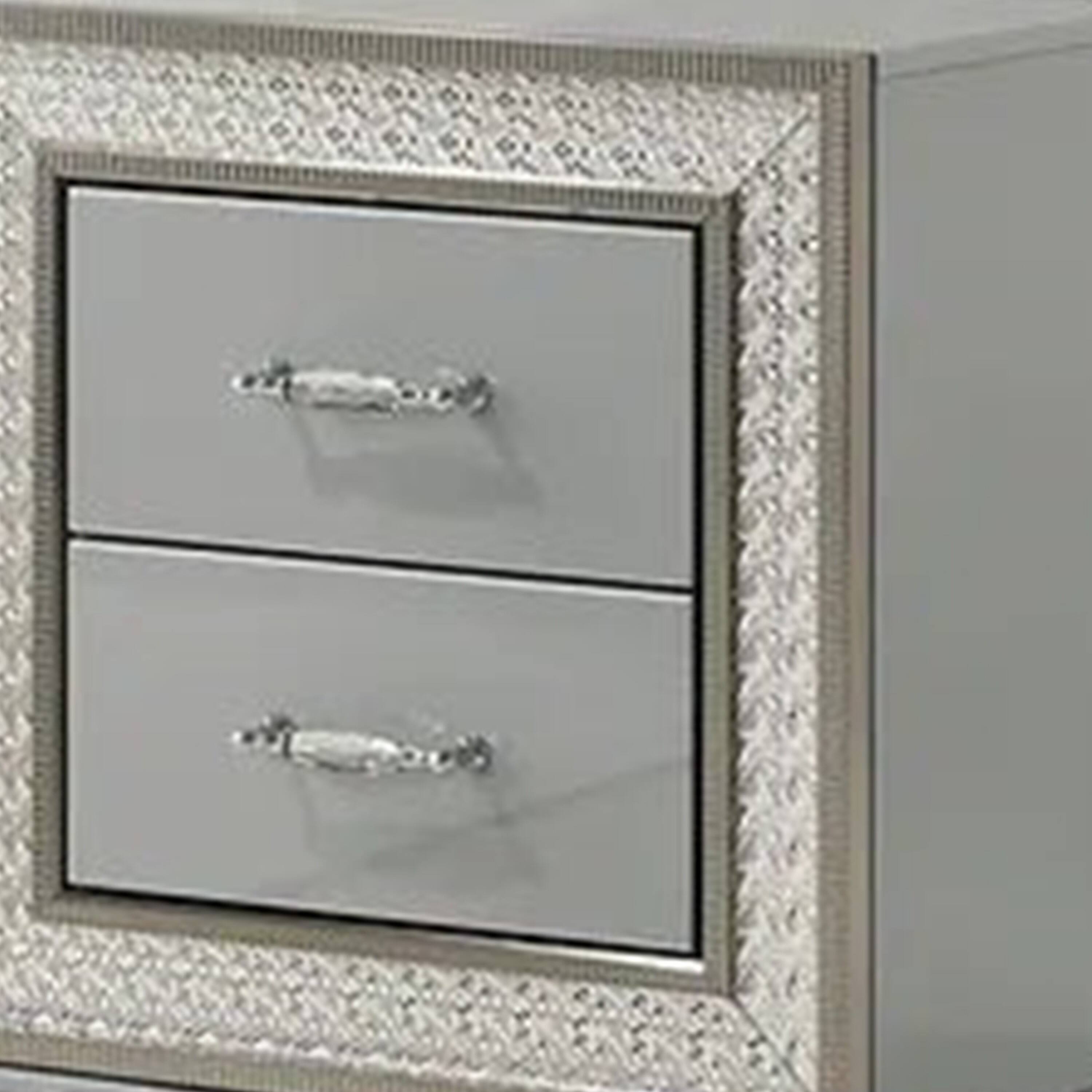 Alt View 1. Manhattan Lane - Cyl Nightstand with 2 Drawers, Scale Molding Trim - Metallic Gray, Silver.