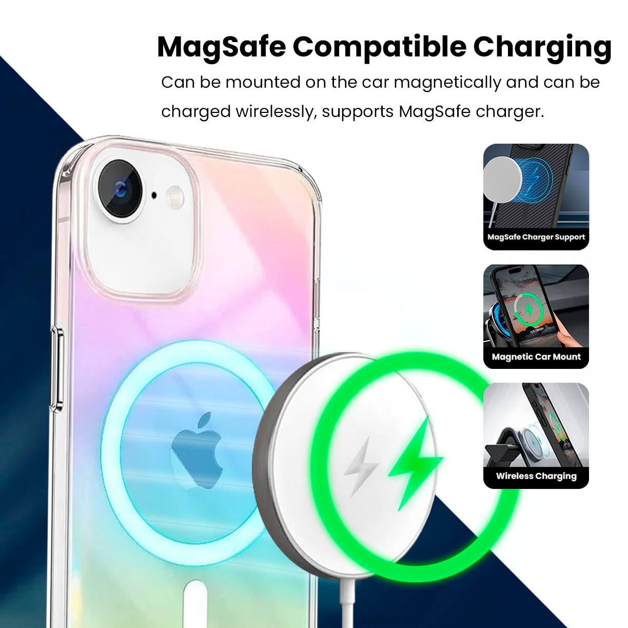 MagSafe Compatible Charging, Can be mounted on the car magnetically and can be charged wirelessly, supports MagSafe charger. MagSafe Charger Support, Magnetic Car Mount, Wireless Charging