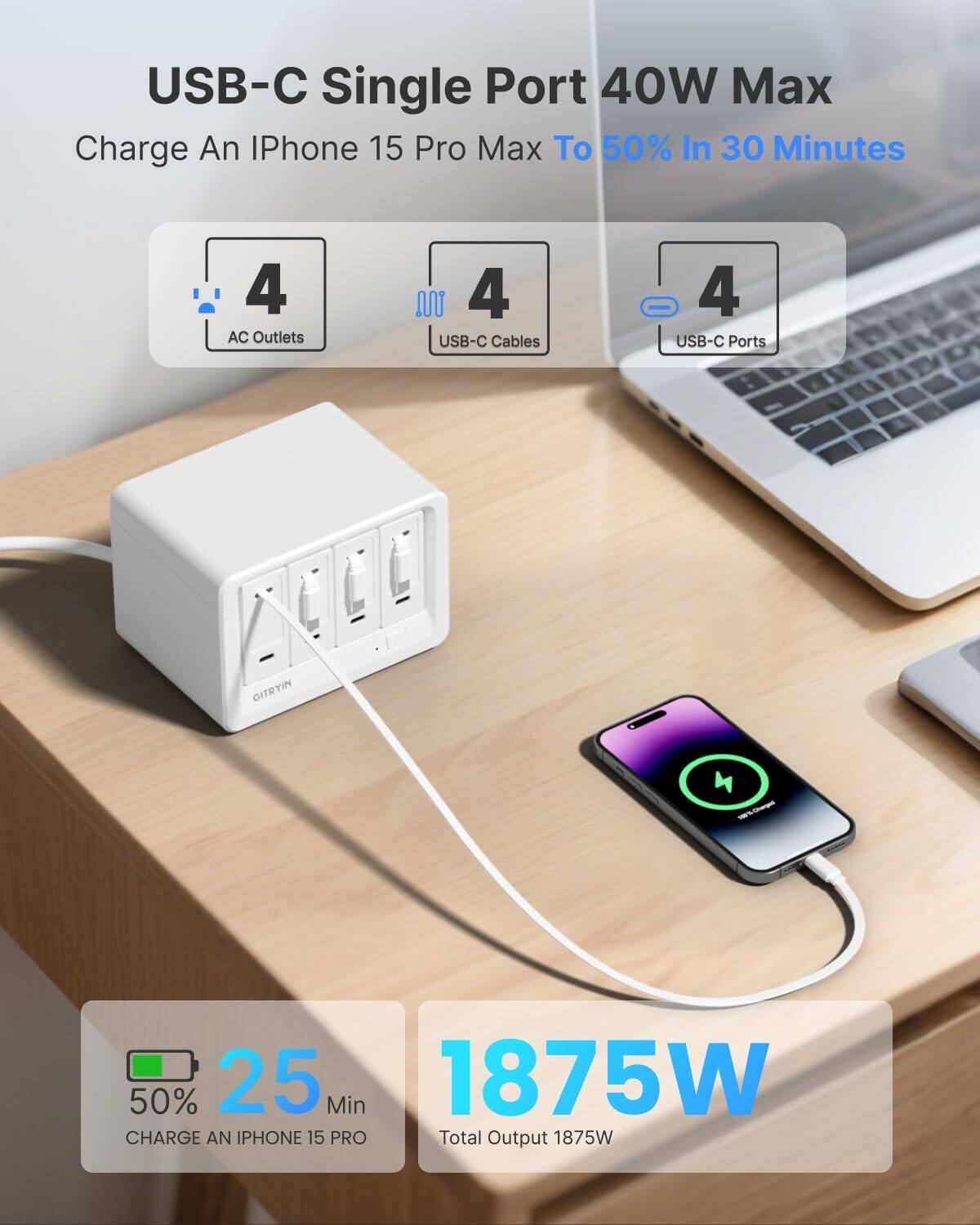 USB-C Single Port 40W Max  
Charge An iPhone 15 Pro Max To 50% In 30 Minutes  

4 AC Outlets  
4 USB-C Cables  
4 USB-C Ports  

50% 25 Min  
1875W  
CHARGE AN IPHONE 15 PRO  
Total Output 1875W