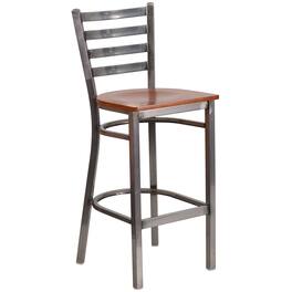 Emma + Oliver - Clear Coated Ladder Back Metal Restaurant Dining Barstool - Cherry Wood Seat/Clear Coated Metal Frame
