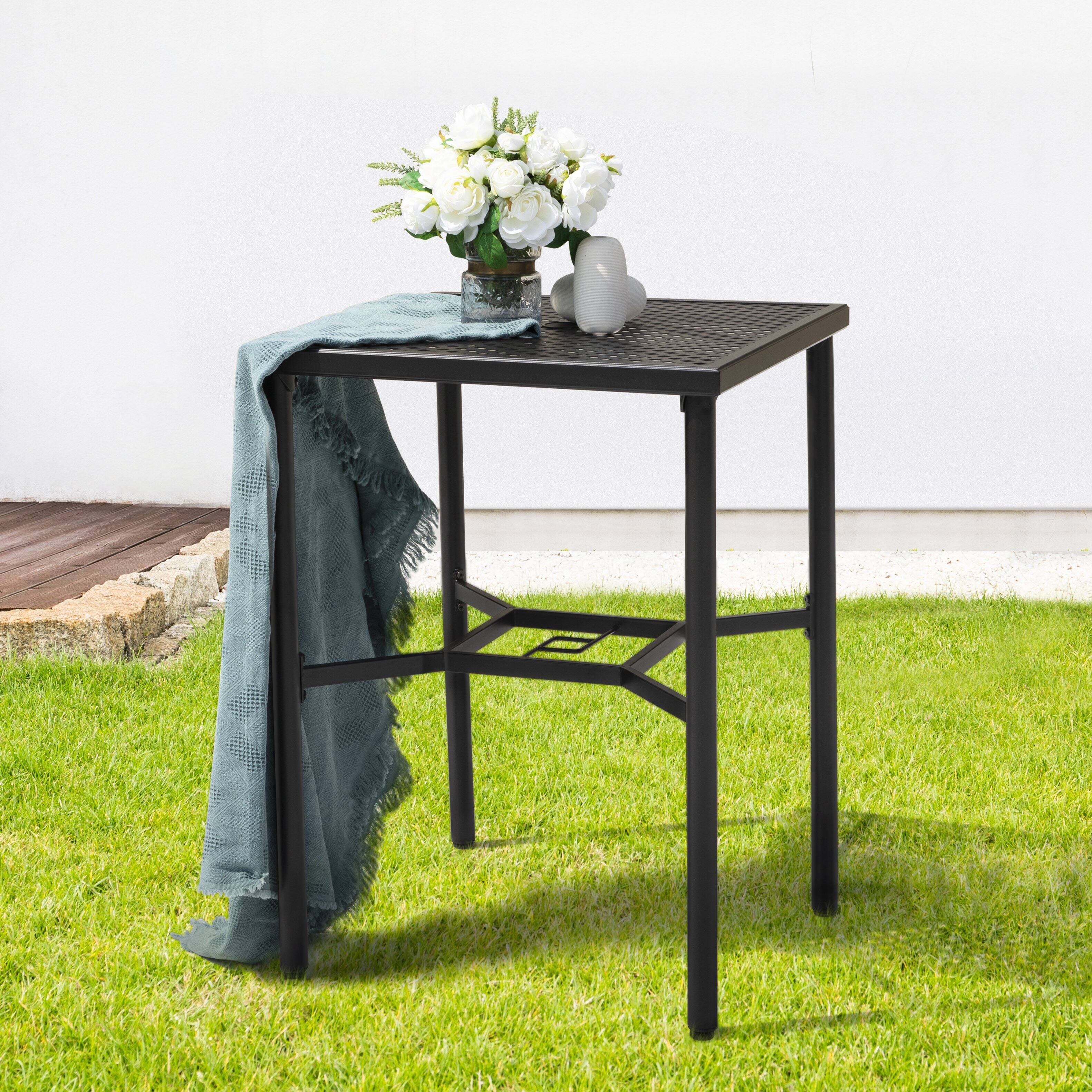 Alt View 1. Nuu Garden - Outdoor 28" Square Bar Table with Mesh Top and 1.57" Umbrella Hole - Black with Gold Speckles.