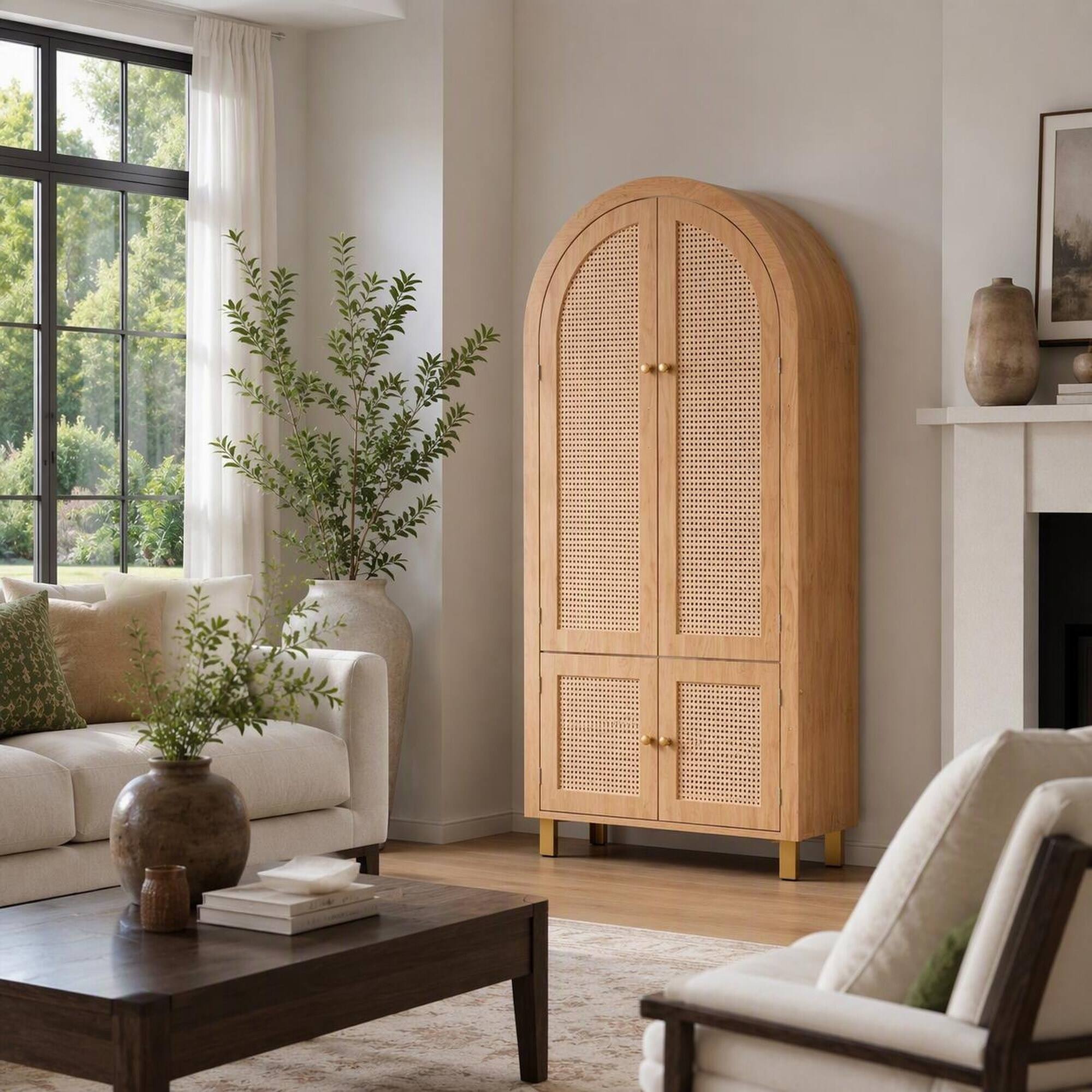 Back. RYHNUYNE - Freestanding 71 Inch Tall Arched Cabinet with Rattan Doors and Adjustable Shelves, Oak - Oak.