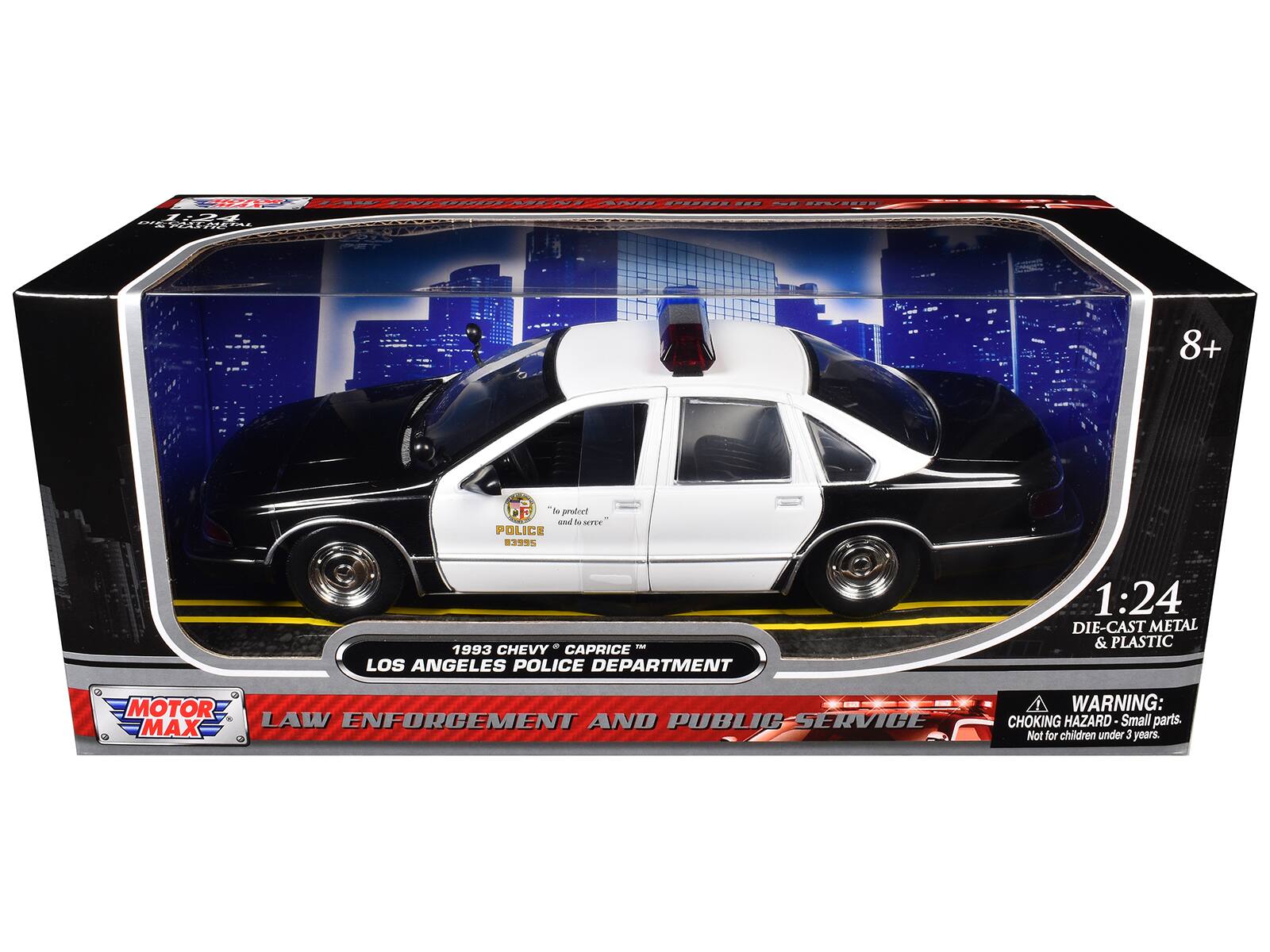 F - ENFURDEMENI - 222 S 14 ERAREN P7 8+ "de prodret and SETEE POLICE 83995 - * 1993 CHEVY CAPRICE LOS ANGELES POLICE DEPARTMENT 1:24 DIE-CAST METAL & PLASTIC 3 MOTOR MAX LAW ENFORCEMENT AND PUBLIC SERVICE WARNING: CHOKING HAZARD - Small parts. Not for children under 3 years.