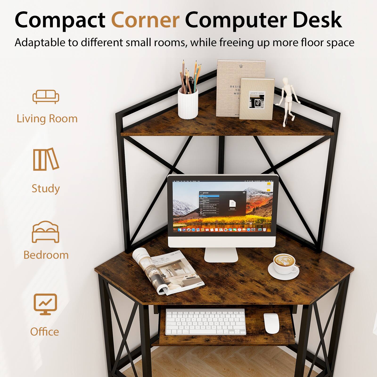 Compact Corner Computer Desk Adaptable to different small rooms, while freeing up more floor space. Living Room, Study, Bedroom, Office.