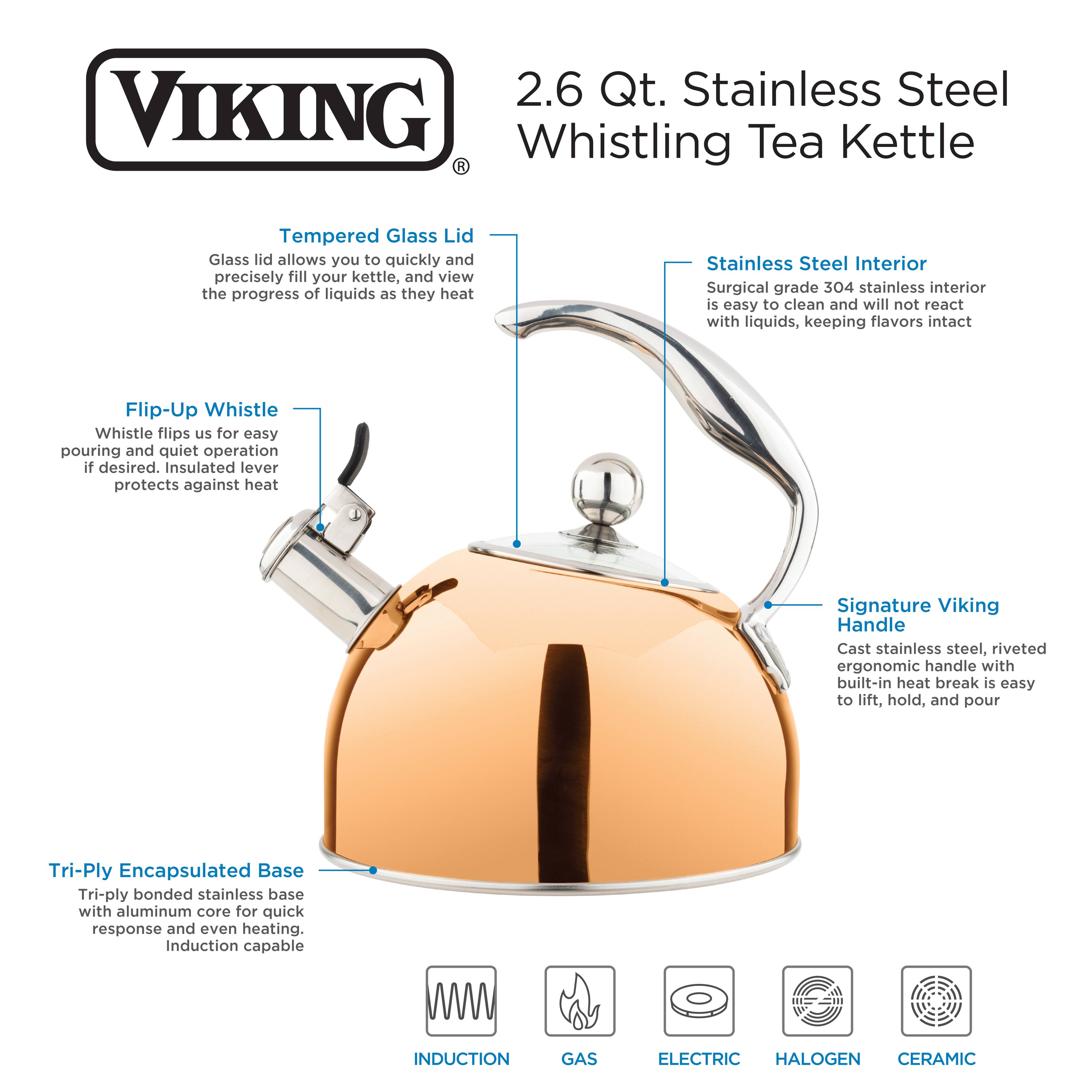 The image features a 2.6 Qt. Stainless Steel VIKING Whistling Tea Kettle. The kettle has a tempered glass lid, which allows for quick and precise filling of the kettle and easy monitoring of the progress of liquids as they heat. The kettle has a surgical grade 304 stainless steel interior, which is easy to clean and does not react with liquids, preserving their flavors. The kettle also has a flip-up whistle, which can be used for easy pouring and quiet operation if desired. The kettle has an insulated lever to protect against heat, and a signature Viking handle that is cast stainless steel with a riveted ergonomic design for easy lifting, holding, and pouring. The kettle has a tri-ply encapsulated base with an aluminum core for quick response and even heating, making it suitable for use with induction, gas, or electric heating sources.