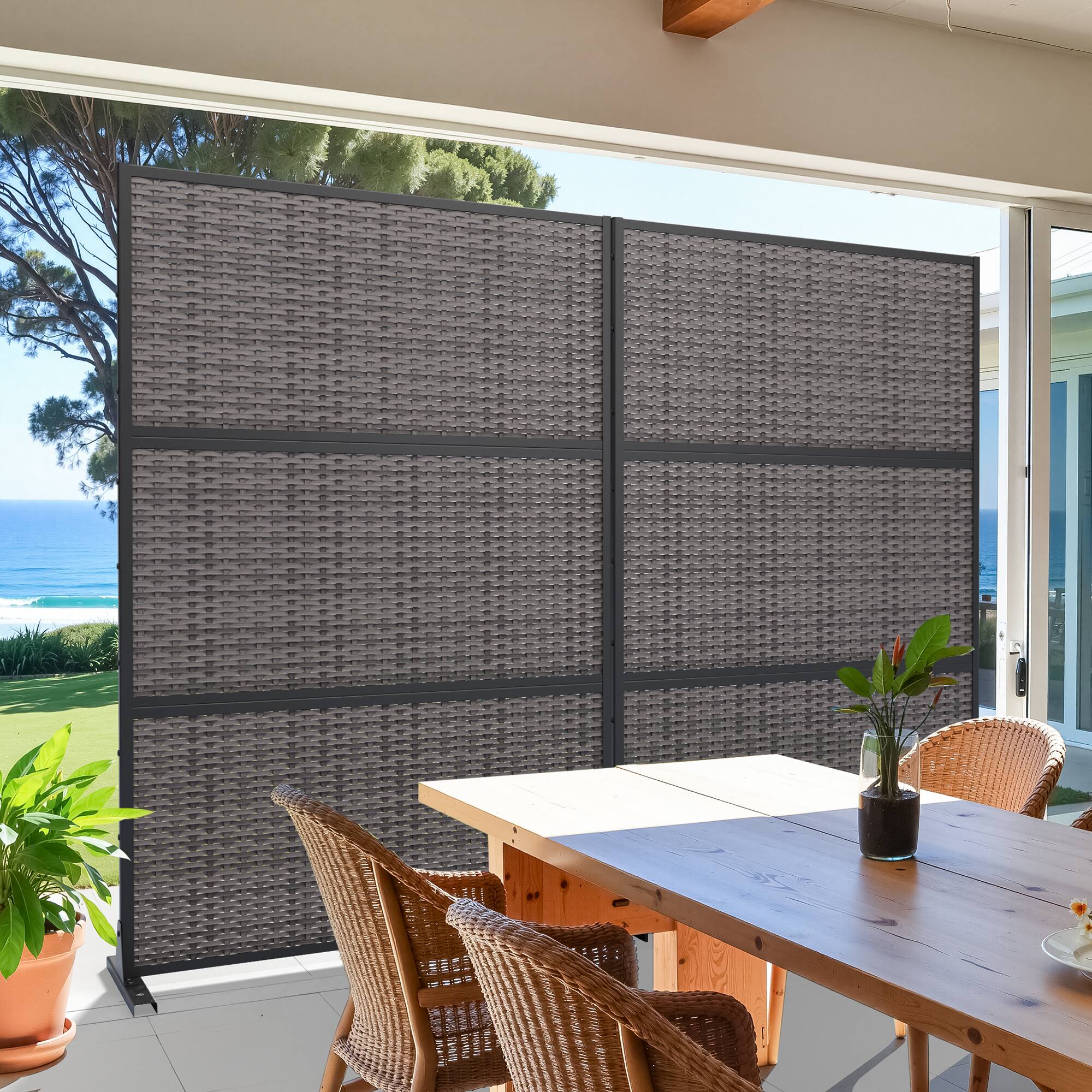 Alt View 2. PexFix - 72 in. x 47 in. Rattan Cross Pattern Metal Outdoor Privacy Screen & Panels, Freestanding Garden Divider Fence - Black.