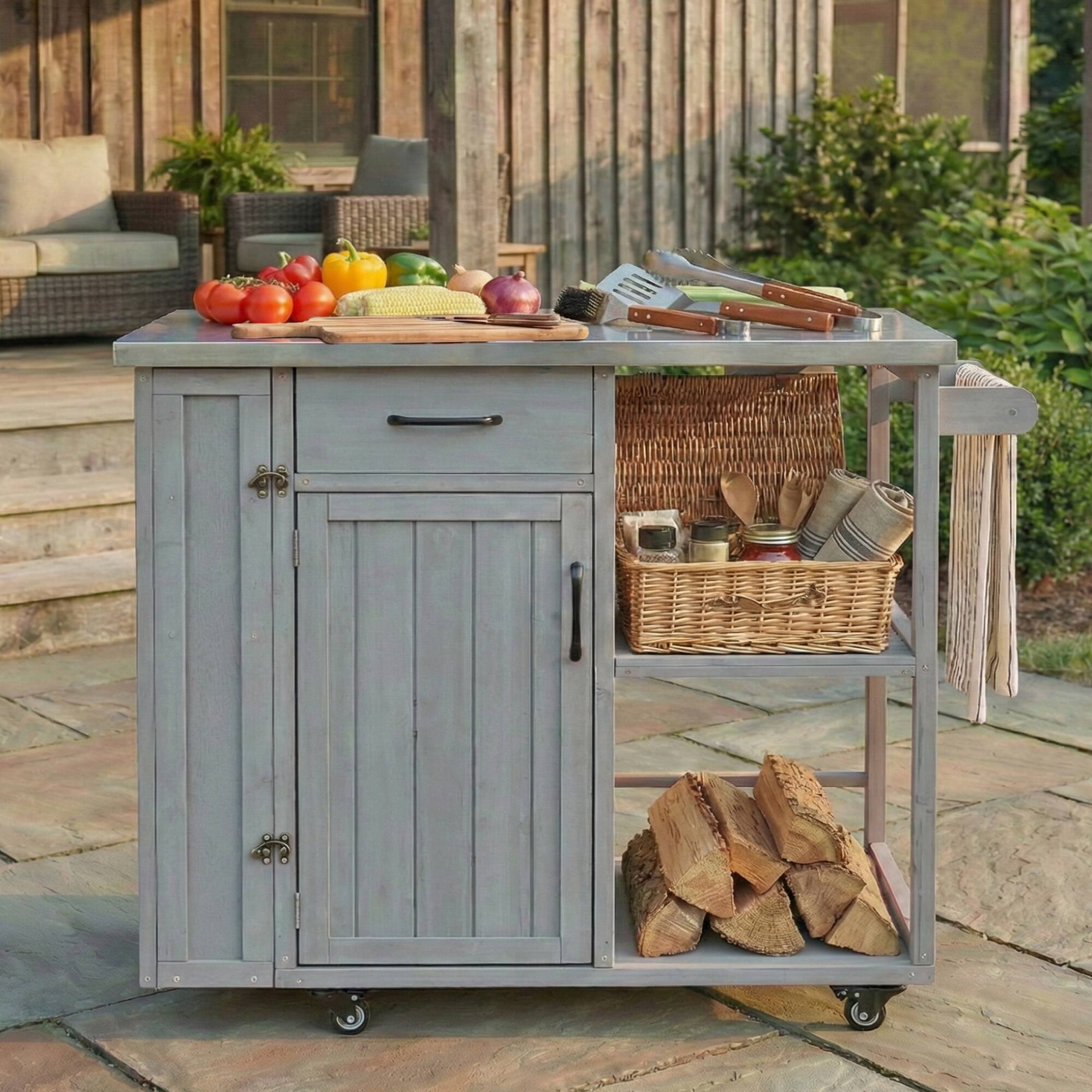 Angle. Anysun - Fir Wood Outdoor Kitchen Island Cart with Stainless Top - Lockable, Ample Storage, Towel & Spice Racks for Patio..