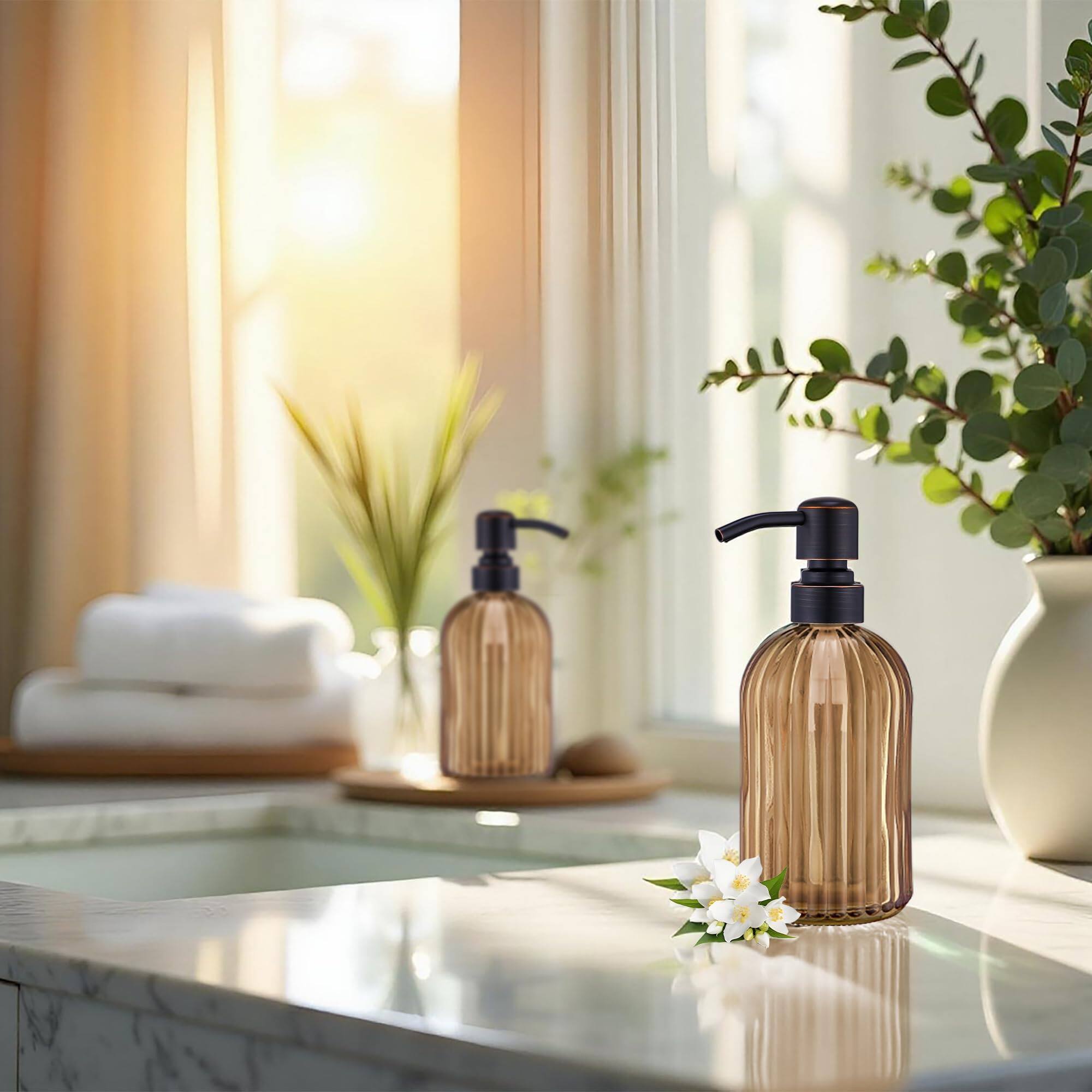 Alt View 4. Dapper Styles - Glass Soap Dispenser Stripe Bathroom Hand Dispensers With Stainless Pump Kitchen Oil Rubbed - Brushed Gold + Amber-1-Pack.