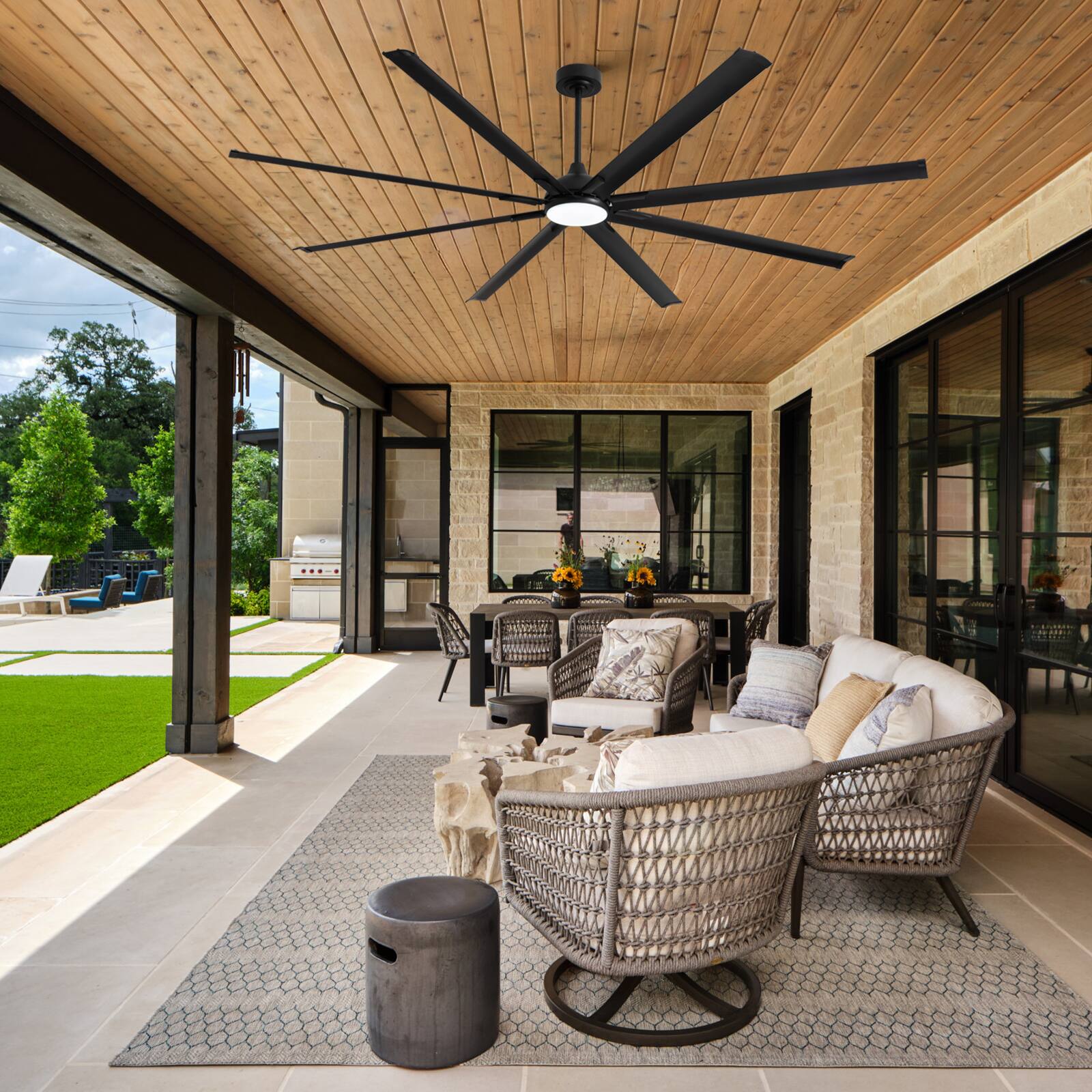 Angle. Siljoy - 96 Inch Industrial Black Ceiling Fan with Integrated LED Light and Remote for Patio Kitchen Garage and Warehouse - Black.