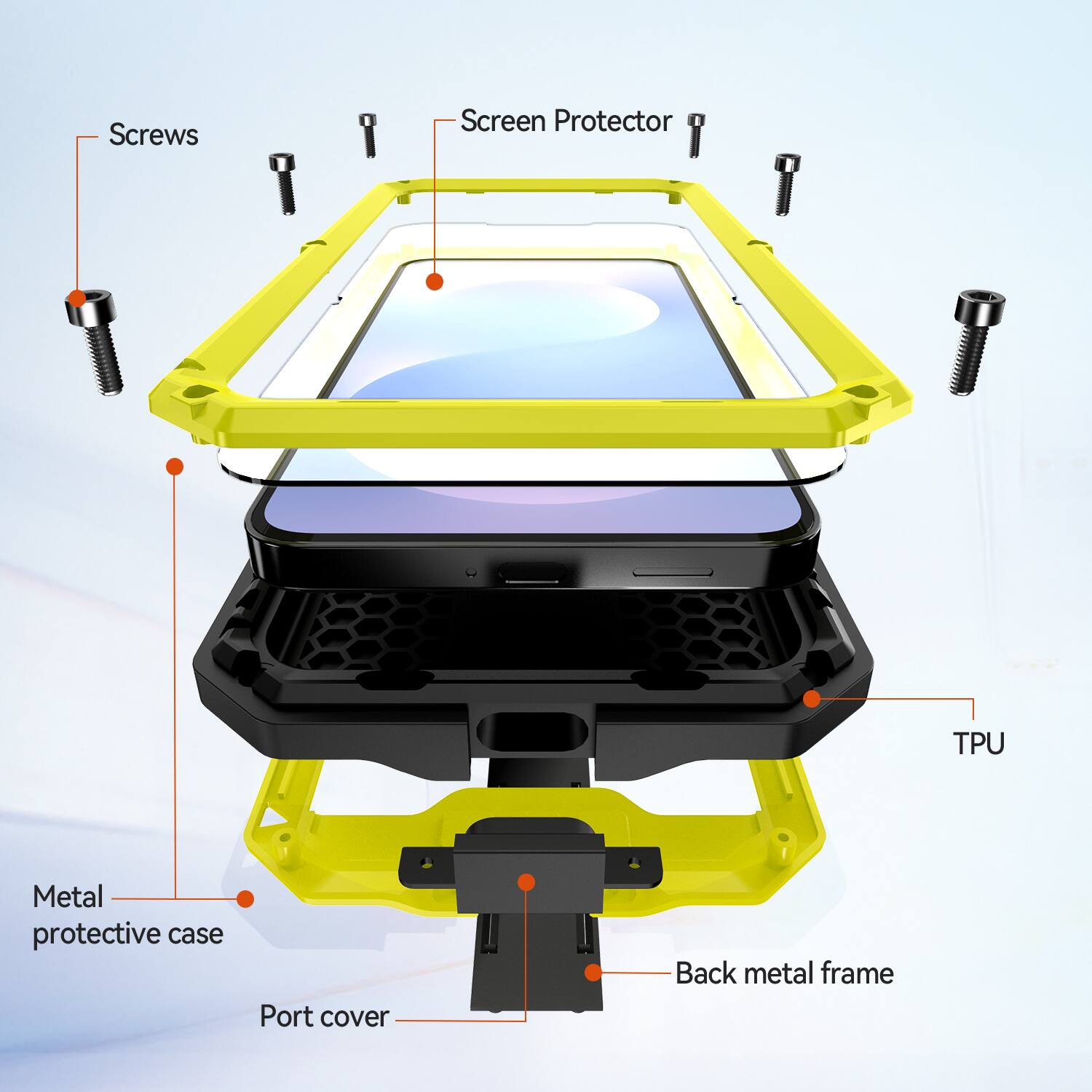 Screws  
Screen Protector  
TPU  
Metal protective case  
Port cover  
Back metal frame