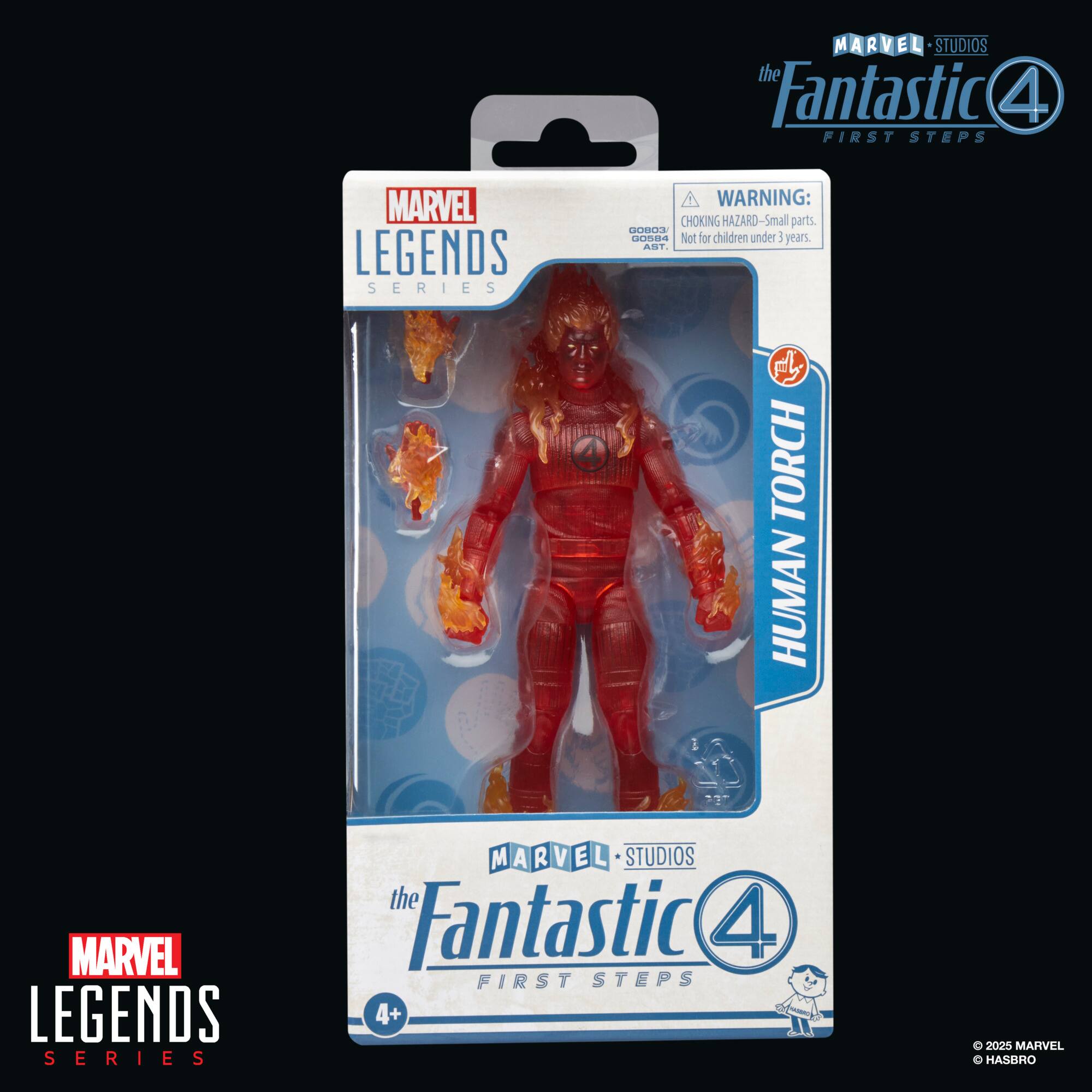 The text on the image is grouped and corrected as follows:

"MARVEL LEGENDS SERIES: THE FANTASTIC 4 FIRST STEPS - TORCH HUMAN TORCH MARVEL LEGENDS SERIES - WARNING: CHOKING HAZARD - Small parts. Not for children under 3 years. AST a - TORCH HUMAN MARVEL LEGENDS SERIES - M ARVEL STUDIOS the Fantastic 4 FIRST STEPS - 4+ O 2000 MARVEL HASbro"