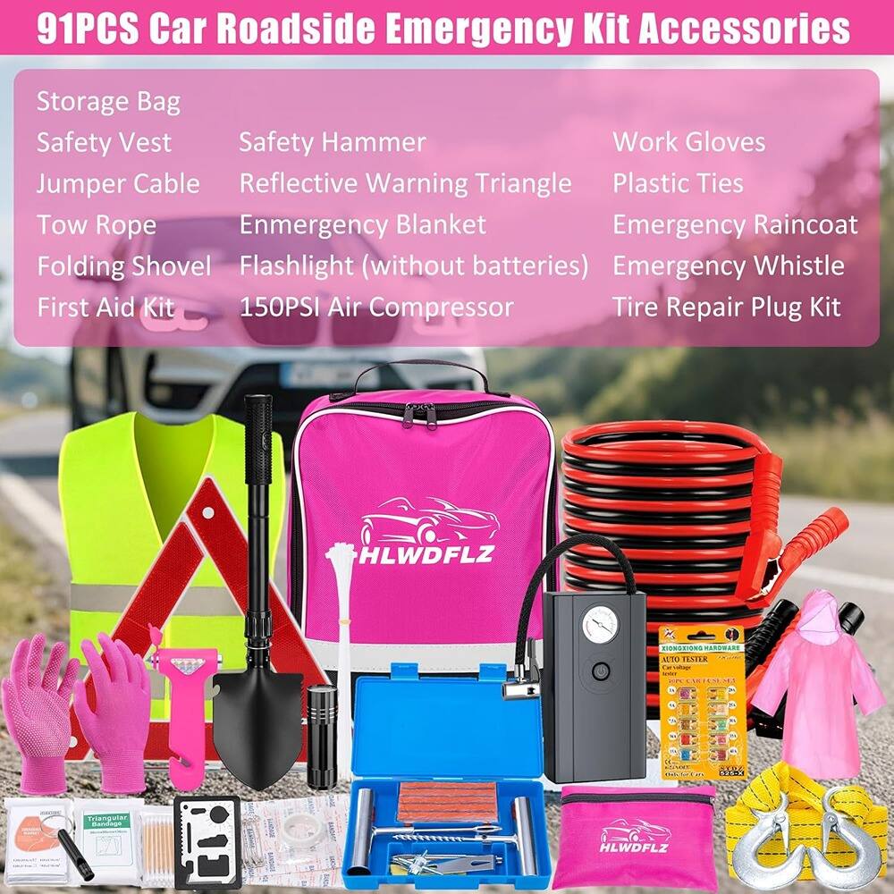 91PCS Car Roadside Emergency Kit Accessories

- Storage Bag
- Safety Vest
- Safety Hammer
- Jumper Cable
- Reflective Warning Triangle
- Tow Rope
- Emergency Blanket
- Folding Shovel
- Flashlight (without batteries)
- First Aid Kit
- 150PSI Air Compressor
- Work Gloves
- Plastic Ties
- Emergency Raincoat
- Emergency Whistle
- Tire Repair Plug Kit

HLWDFLZ