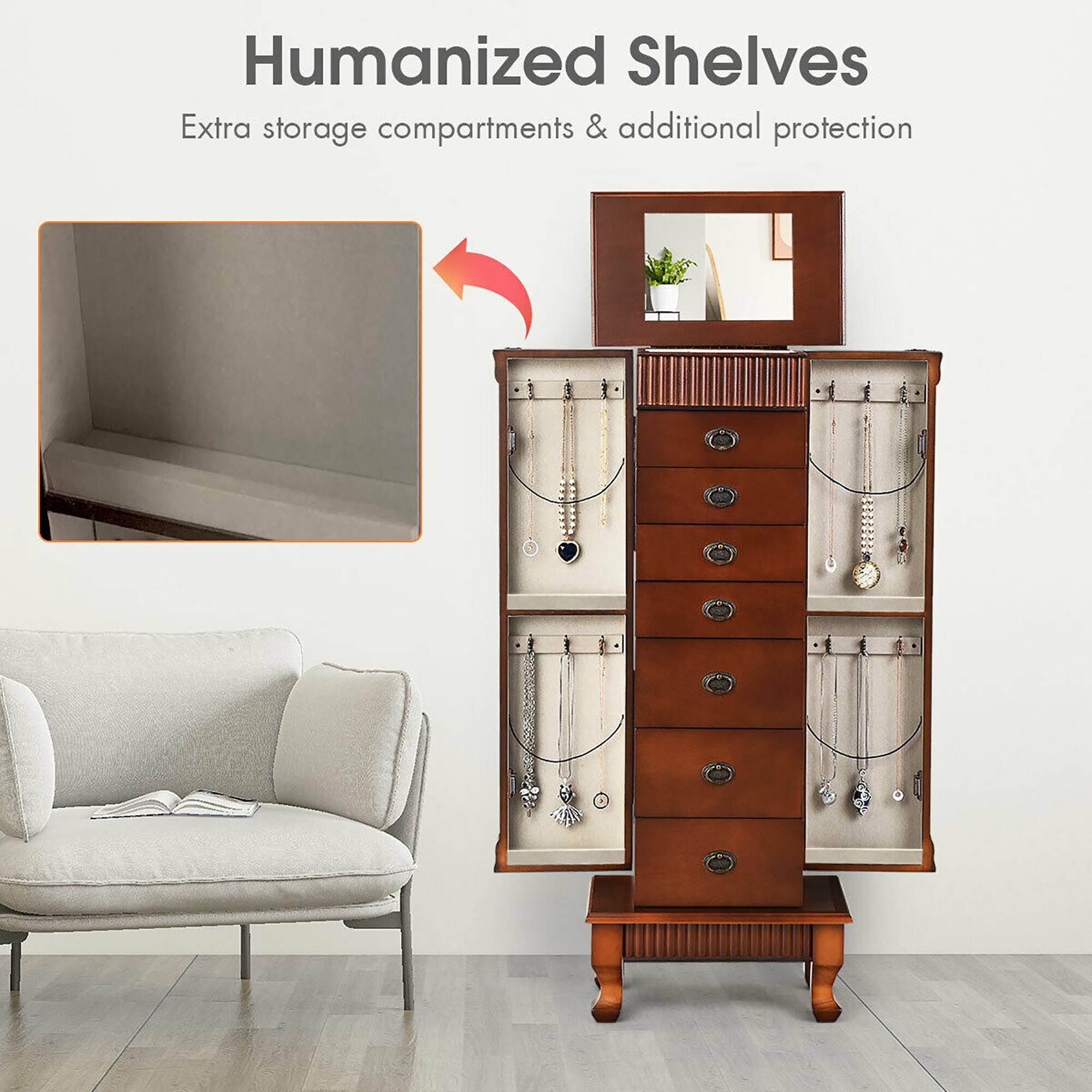 Humanized Shelves: Extra storage compartments & additional protection