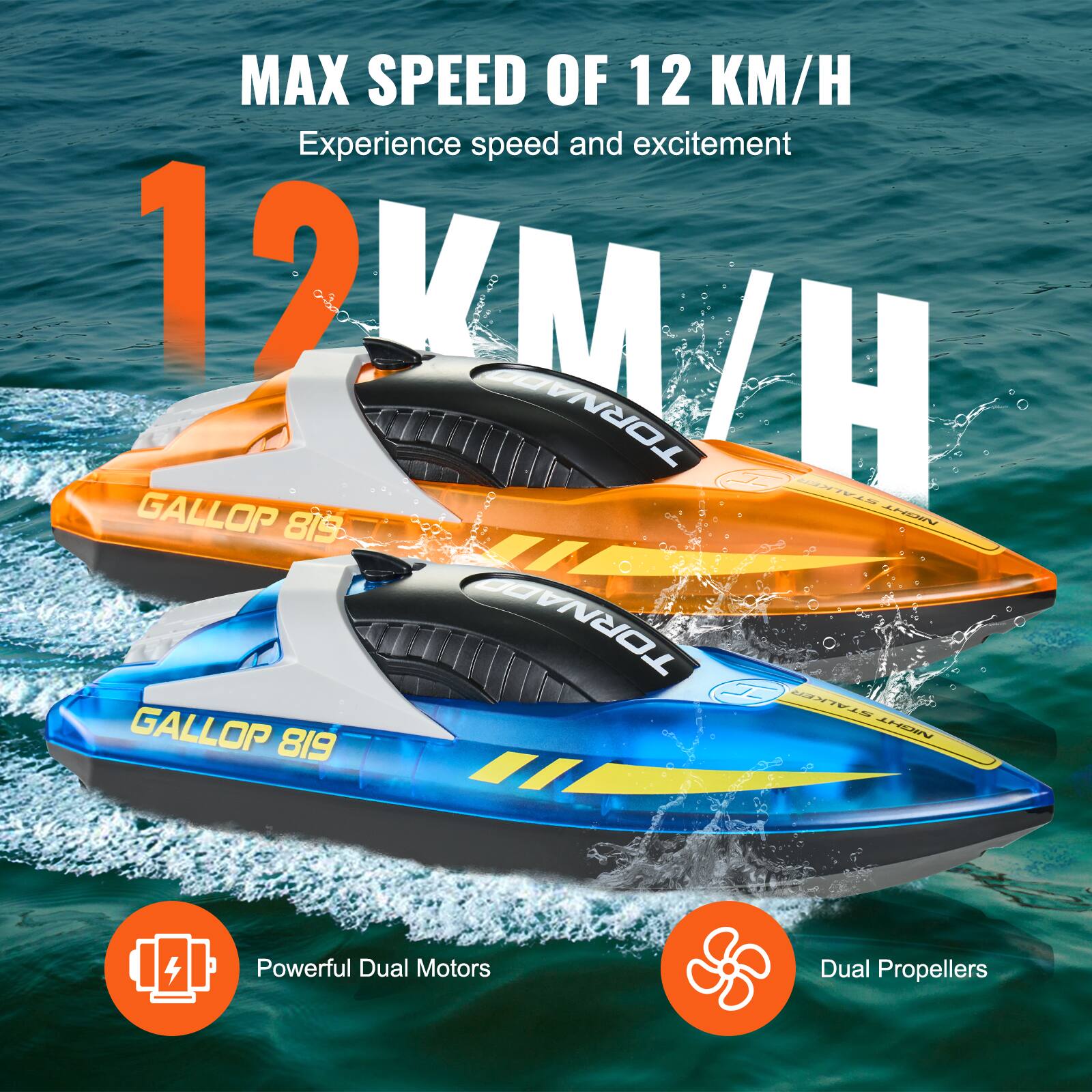 MAX SPEED OF 12 KM/H  
Experience speed and excitement  

12 KM/H  

GALLOP 819  
GALLOP 819  

Powerful Dual Motors  
Dual Propellers