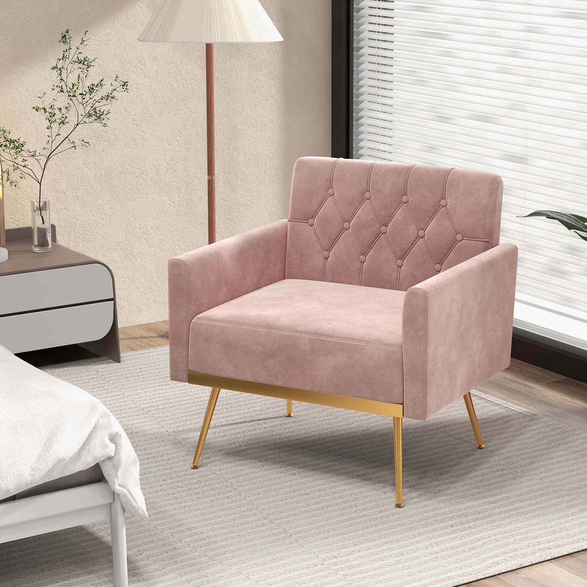 Alt View 11. Costway - Modern Velvet Button Tufted Back Accent Chair with Golden Metal Legs and Foot Pads - Pink.