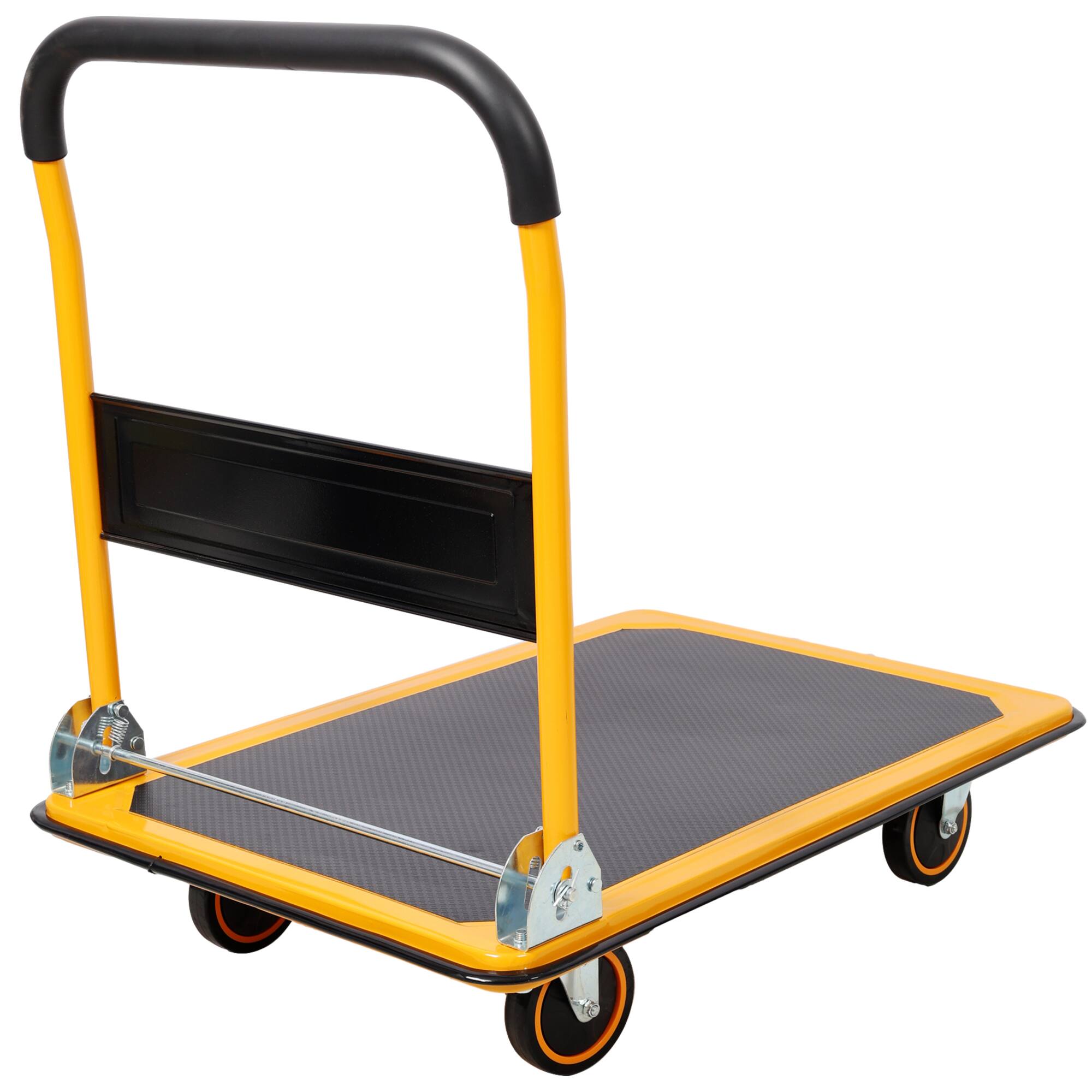 Left. ELEMENT ACE - Foldable Platform Truck Push Dolly with 660 lb Weight Capacity for Versatile Use in Various Environments - Yellow.