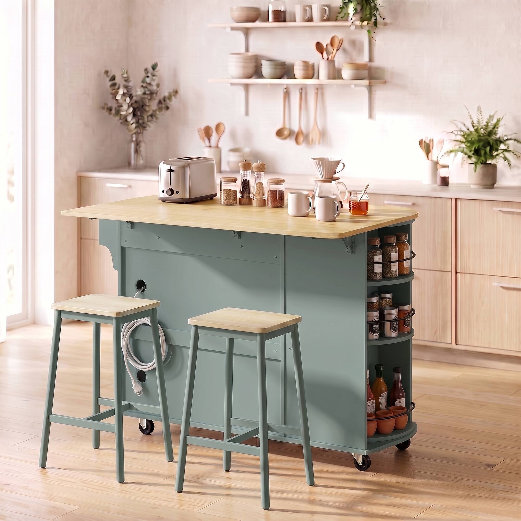 Alt View 8. Homcom - Kitchen Island with Power Outlet and Drop Leaf, Kitchen Cart on Wheels with 360° Rotating Rack - Sage green.
