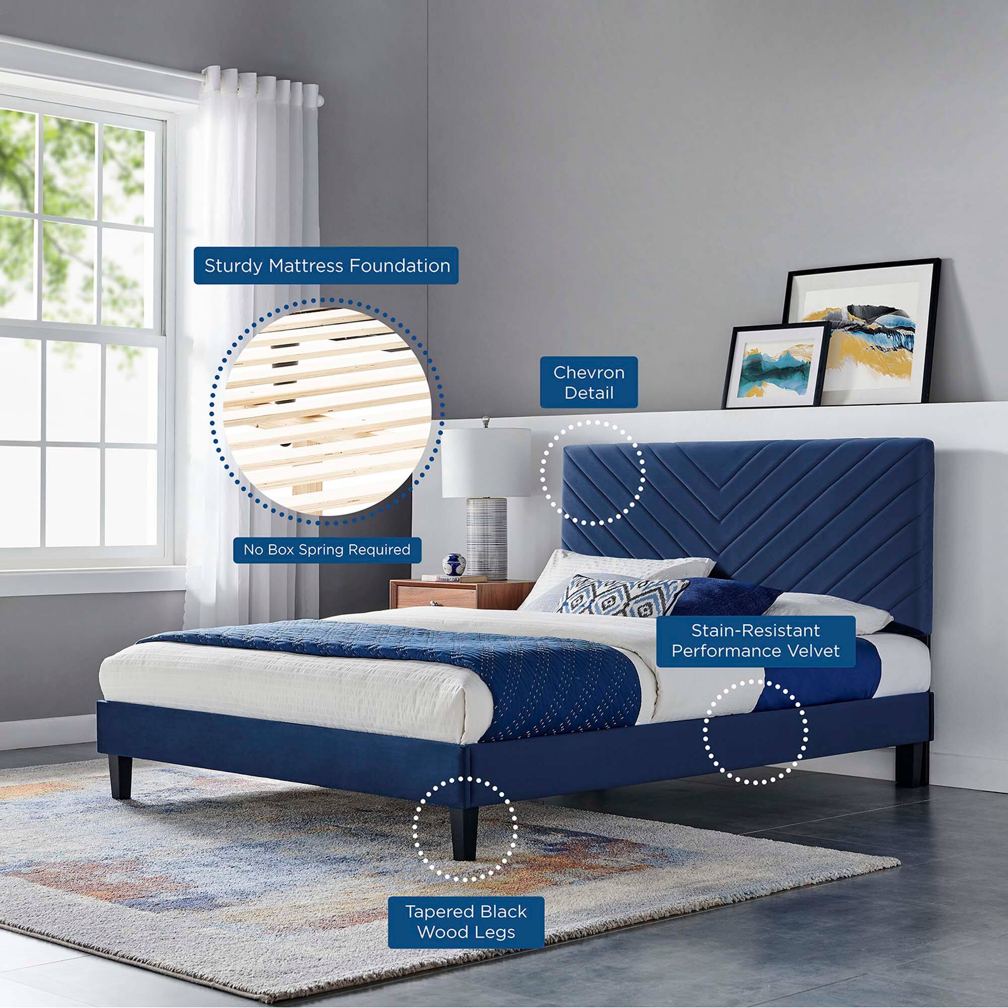 - Sturdy Mattress Foundation
- Chevron Detail
- No Box Spring Required
- Stain-Resistant Performance Velvet
- Tapered Black Wood Legs