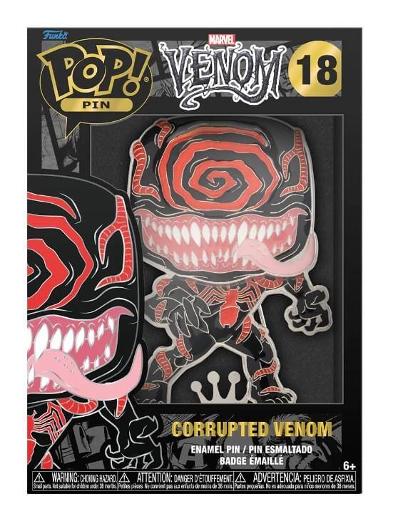 Funko POP! PIN  
MARVEL VENOM 18  

CORRUPTED VENOM  
ENAMEL PIN / PIN ESMALTADO  
BADGE ÉMAILLE  

WARNING: CHOKING HAZARD  
ATTENTION: DANGER D'ÉTOUFFEMENT  
ADVERTENCIA: PELIGRO DE ASFIXIA  

Small parts. Not suitable for children under 36 months.  
Petites pièces. Ne convient pas aux enfants de moins de 36 mois.  
Partes pequeñas. No es adecuado para niños menores de 36 meses.  

6+
