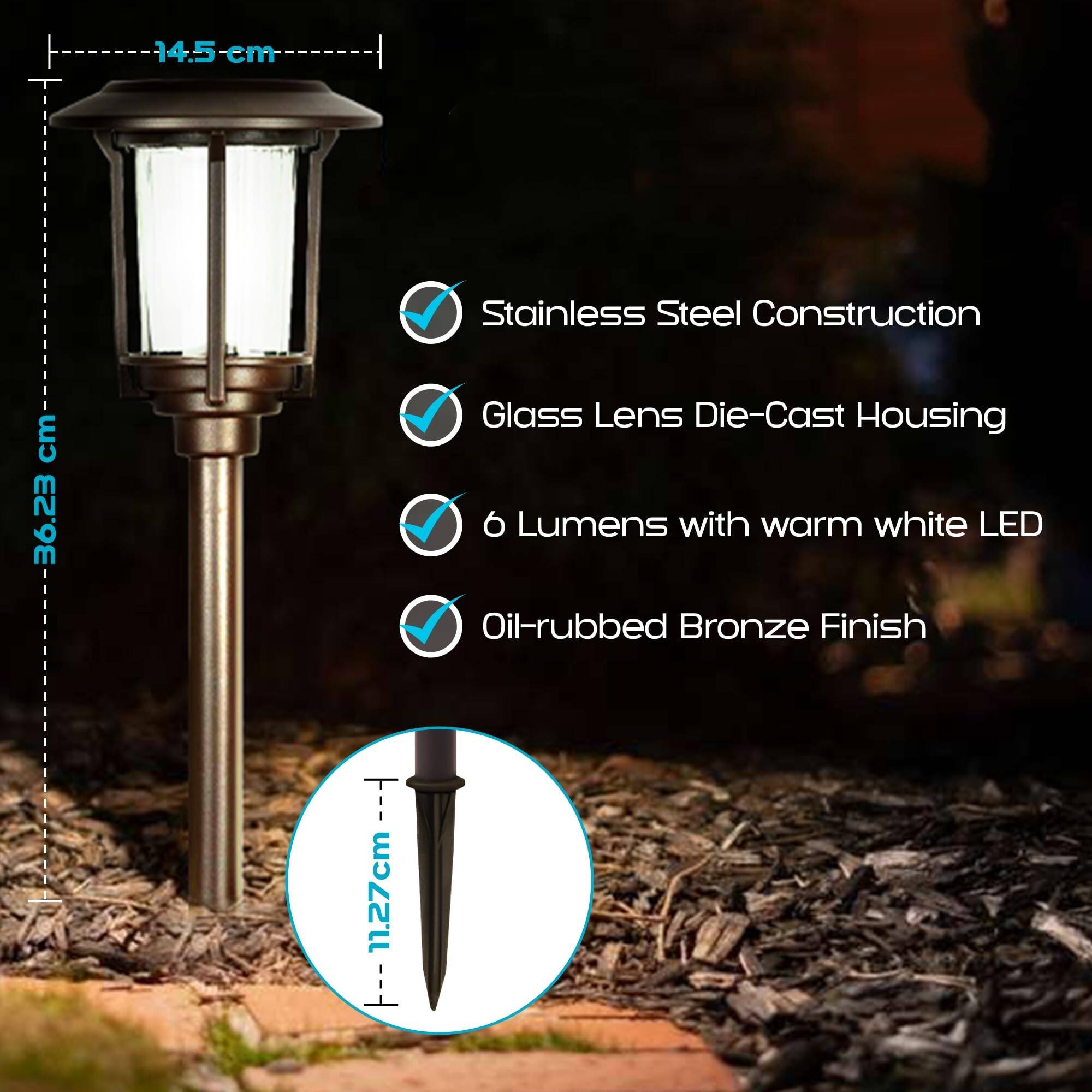 14.5 cm Stainless Steel Construction  
36.23 cm Glass Lens Die-Cast Housing  
6 Lumens with warm white LED  
Oil-rubbed Bronze Finish  
11.27 cm