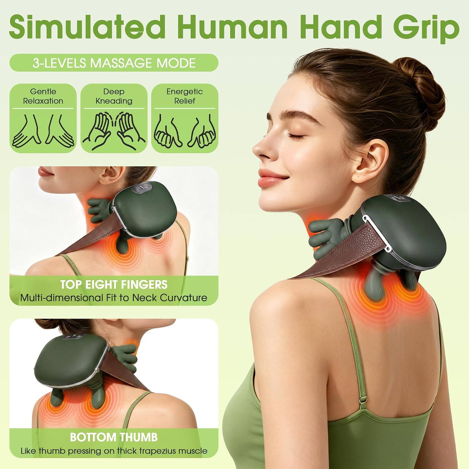 Simulated Human Hand Grip

3-LEVELS MASSAGE MODE
- Gentle Relaxation
- Deep Kneading
- Energetic Relief

TOP EIGHT FINGERS
Multi-dimensional Fit to Neck Curvature

BOTTOM THUMB
Like thumb pressing on thick trapezius muscle