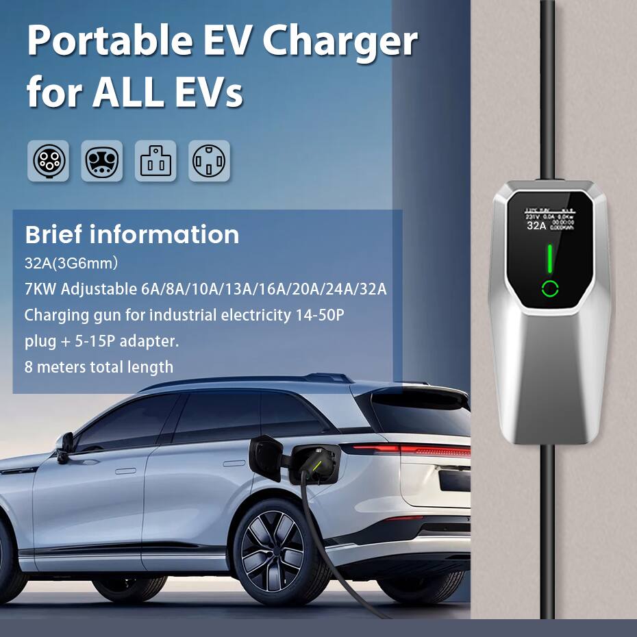 Portable EV Charger for ALL EVs

Brief information

32A(3G6mm)

7KW Adjustable 6A/8A/10A/13A/16A/20A/24A/32A

Charging gun for industrial electricity 14-50P plug + 5-15P adapter.

8 meters total length