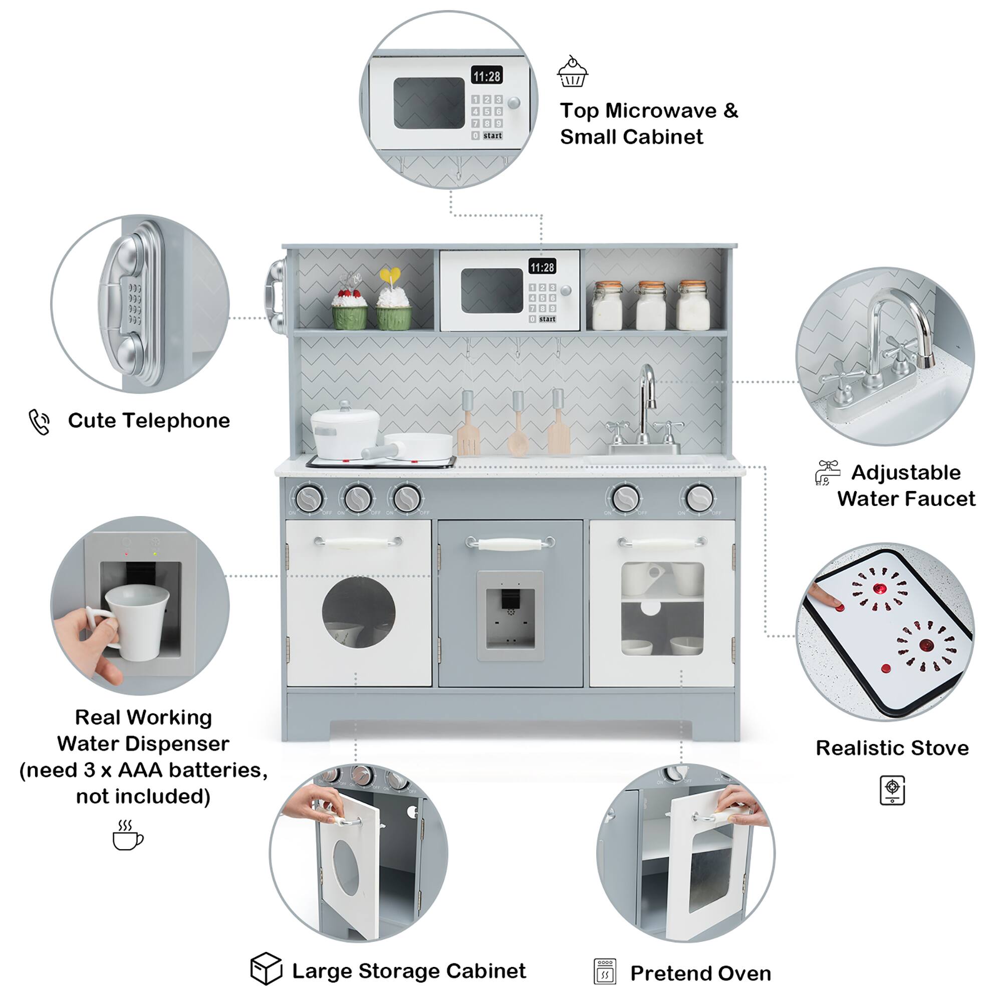 Top Microwave & Small Cabinet, Cute Telephone, Adjustable Water Faucet, Realistic Stove, Large Storage Cabinet, Pretend Oven, Real Working Water Dispenser (need 3 x AAA batteries, not included)