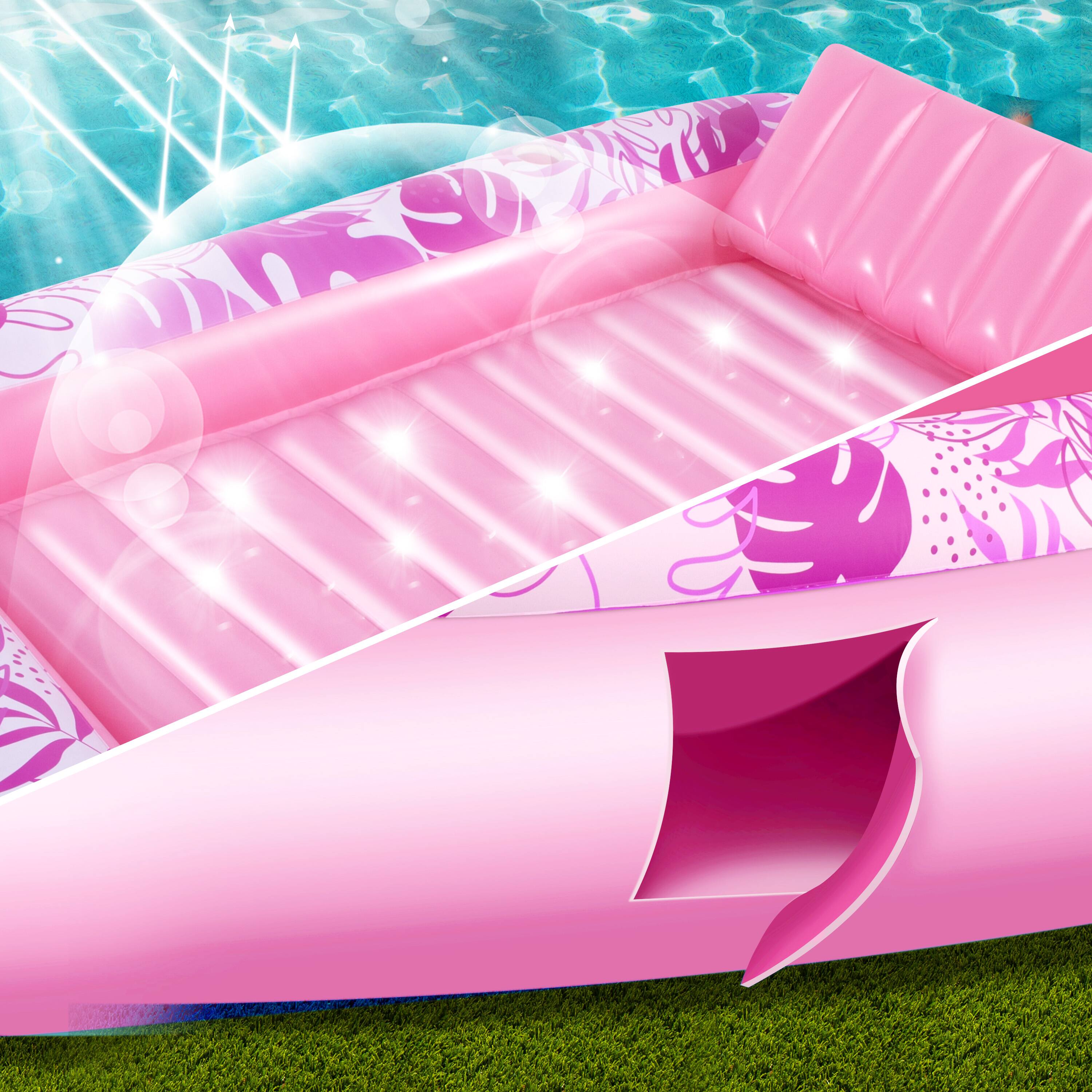 Alt View 1. Joyfy - 85" x 57" Inflatable Tanning Pool Suntan Lounge Lounger Float for Adults Extra Large Suntan Tub (Pink Tropical).