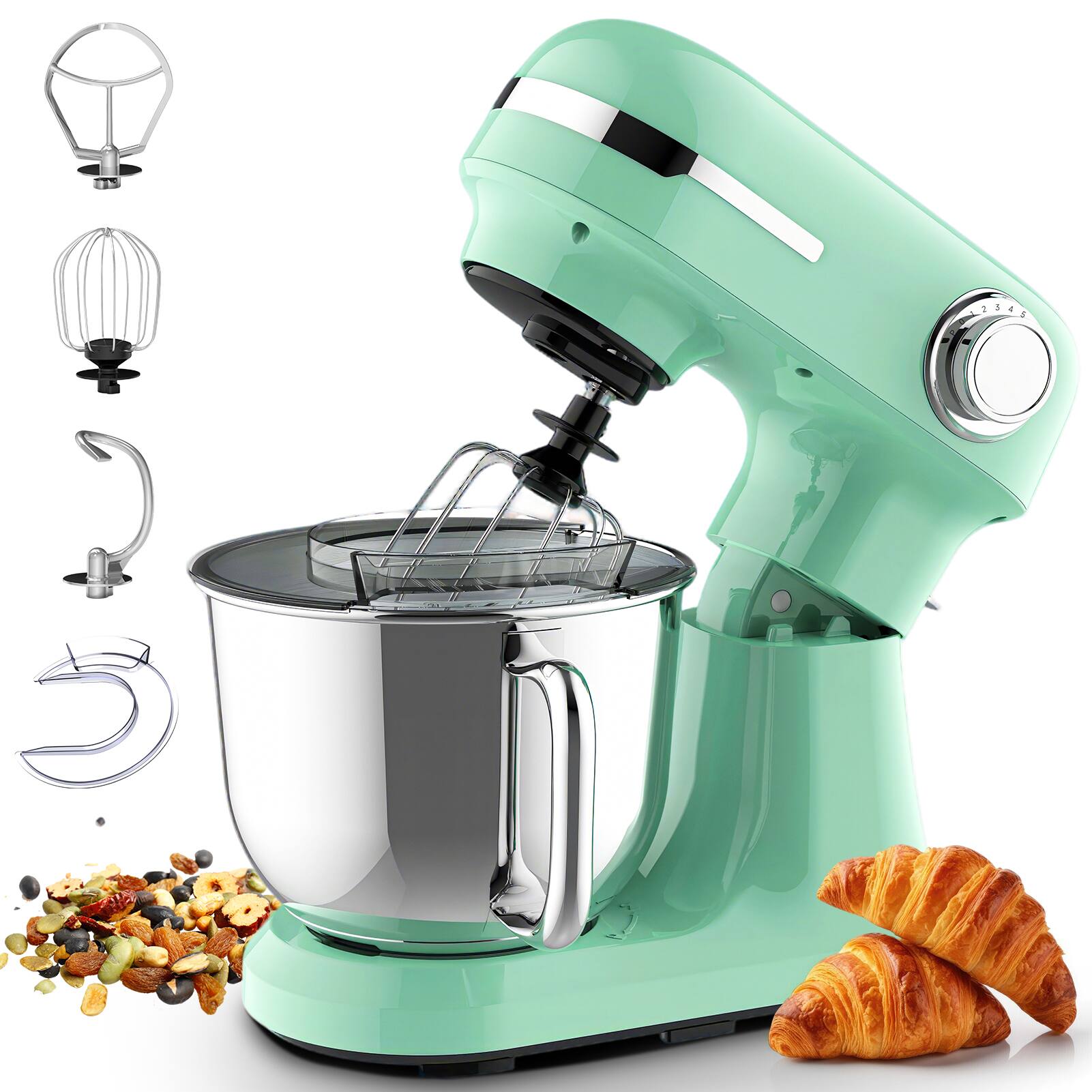 Alt View 5. Bestier - 4.5/5.5QT Dual Bowls Electric Stand Mixer, 12-Speed Tilt-Head Food Mixer, 350W Dough Mixer with Stainless Steel Bowls - Green.