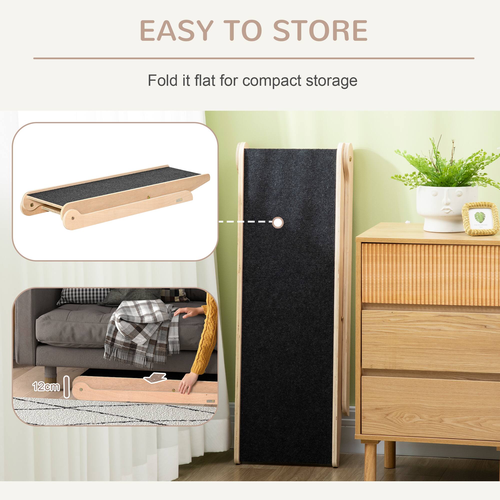 Alt View 1. Pawhut - Height Adjustable Pet Ramp with Non-Slip Carpet Surfaces, 4 Levels Folding Dog Cat Ramp for Bed, Sofa & Car - Natural Wood.