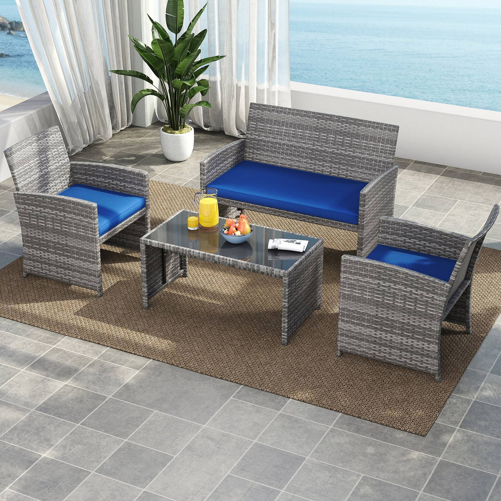 Alt View 3. Gymax - Gymax 4PCS Patio Outdoor Rattan Conversation Furniture Set w/ Navy Cushion - Navy.