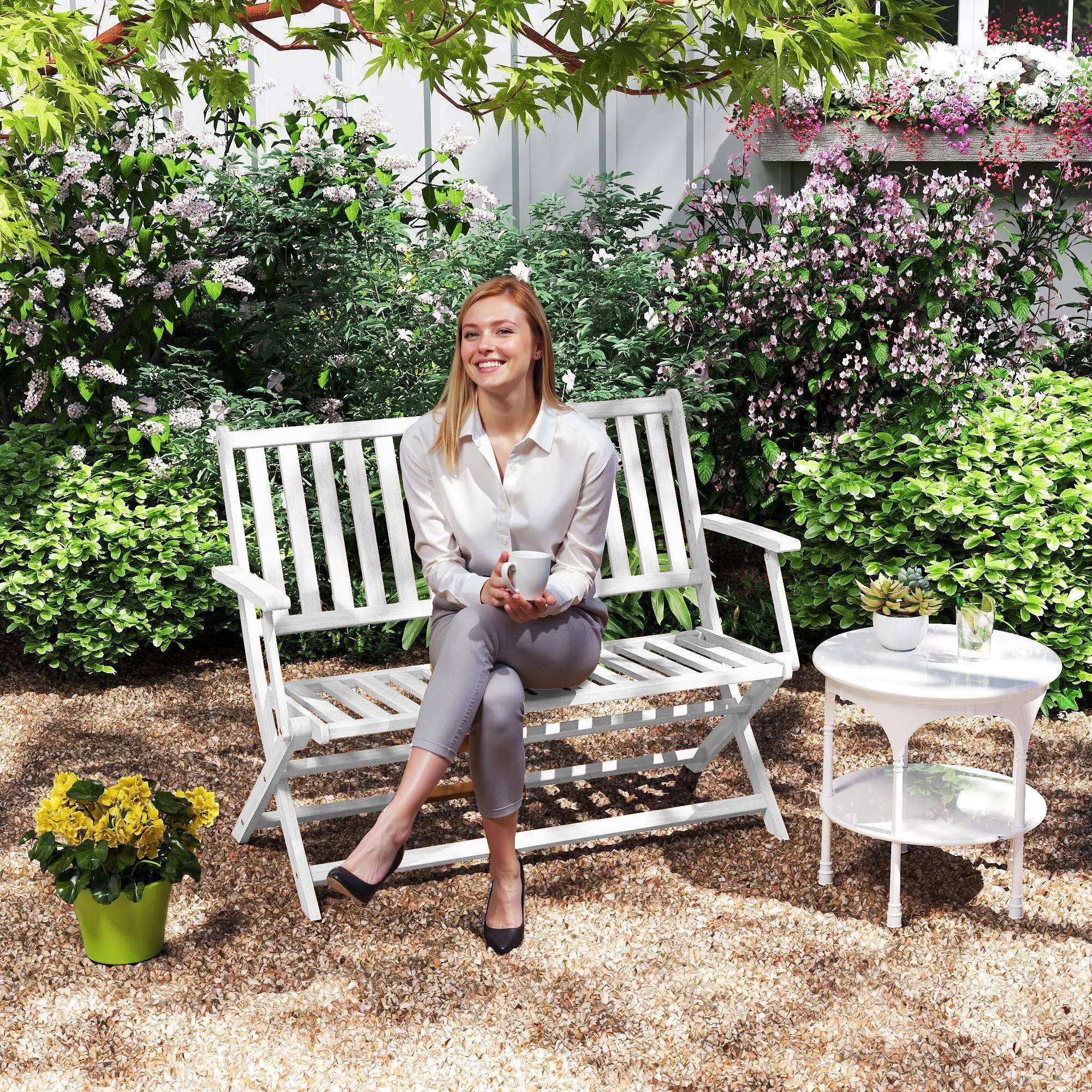 Angle. Resenkos - Resenkos 2-Person Folding Bench with Back & Arm Support, Ideal for Garden, Porch, Park, Balcony, White - White.