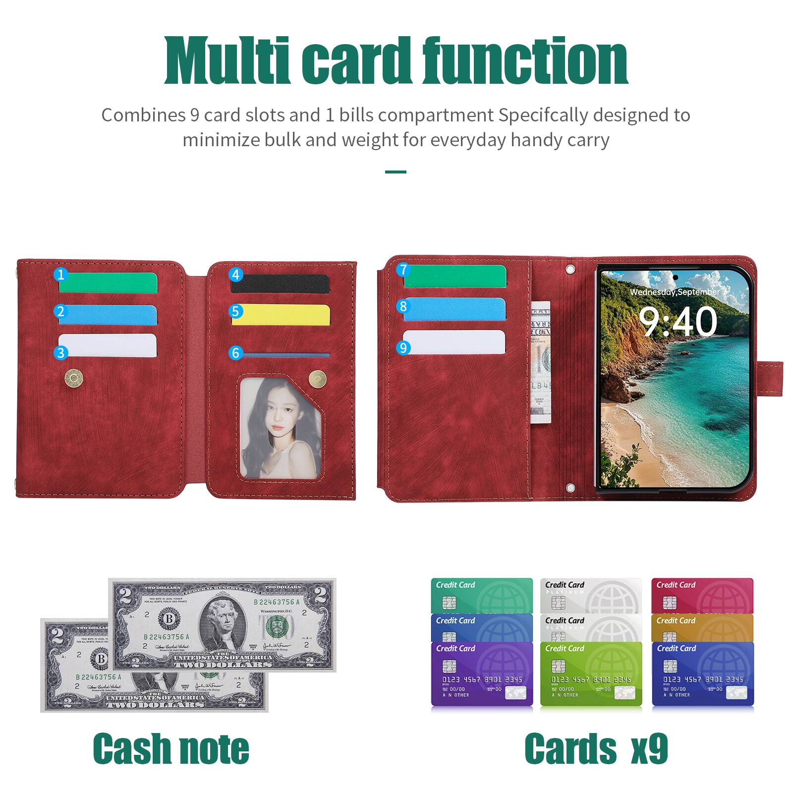 Multi card function  
Combines 9 card slots and 1 bills compartment  
Specifically designed to minimize bulk and weight for everyday handy carry

1 2 3  
4 5 6  
7 8 9

YTF ICA  
Wednesday September 9:40  
2

PROTEILLIES TESSOLATES B22463756 2 2  B22463756A 2 2 UNITEDNTA AMERICA TWO DOLLARS  
Credit Card Credit Card Credit Card  
Credit Card PLATINUM Credit Card PCATINUM Credit Card  
Credit Card Credit Card Credit Card  
B22463756A 2     ENITEDSTATES  0 THE DOLLARS  
2 -  
0123 4567 8901 2345 PER " DOVIDO 17:00 a  
0123  1GFB 2345  COVOR 00 N OTHER  
0123 4567 10P8 2345 POLITIO   I OTHER  
Cash note  
Cards x9
