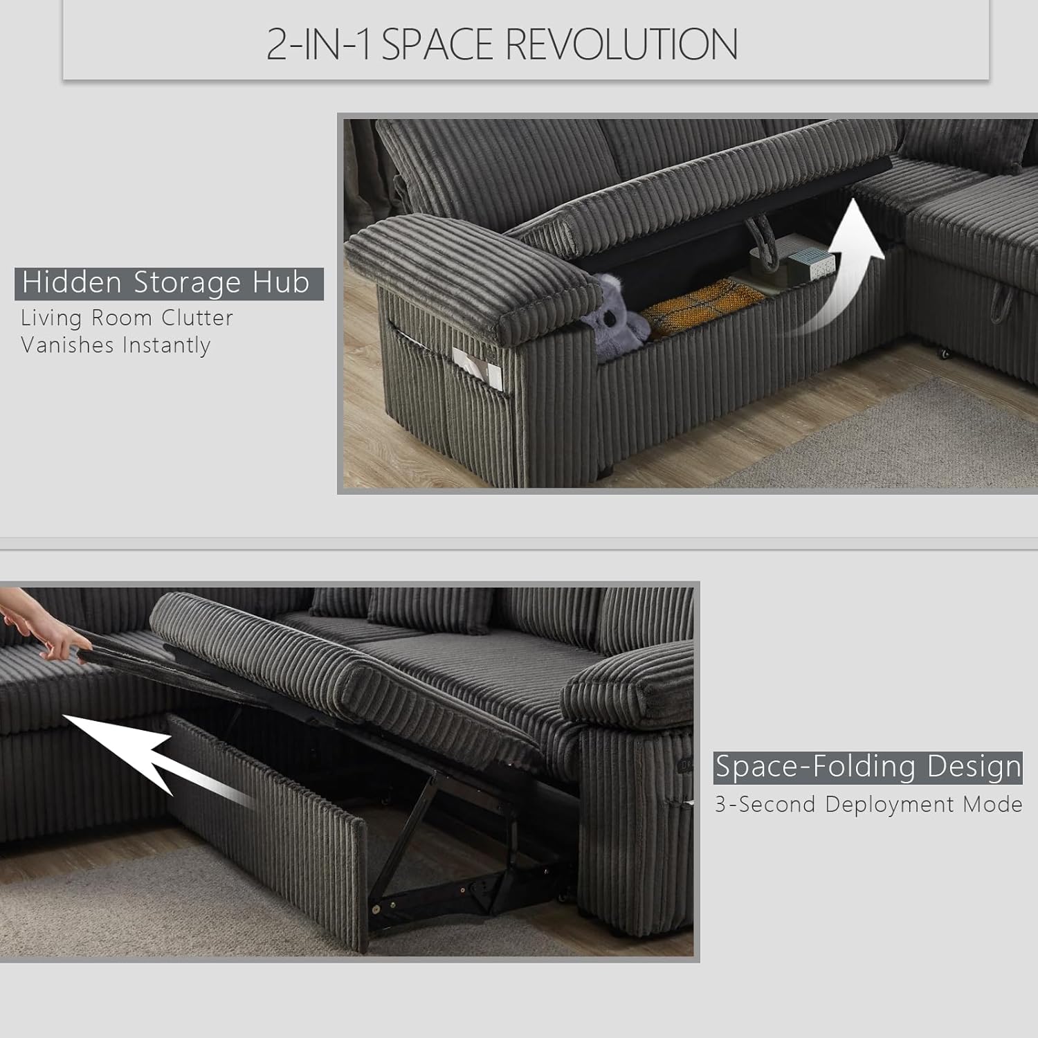 2-IN-1 SPACE REVOLUTION

Hidden Storage Hub  
Living Room Clutter Vanishes Instantly

Space-Folding Design  
3-Second Deployment Mode