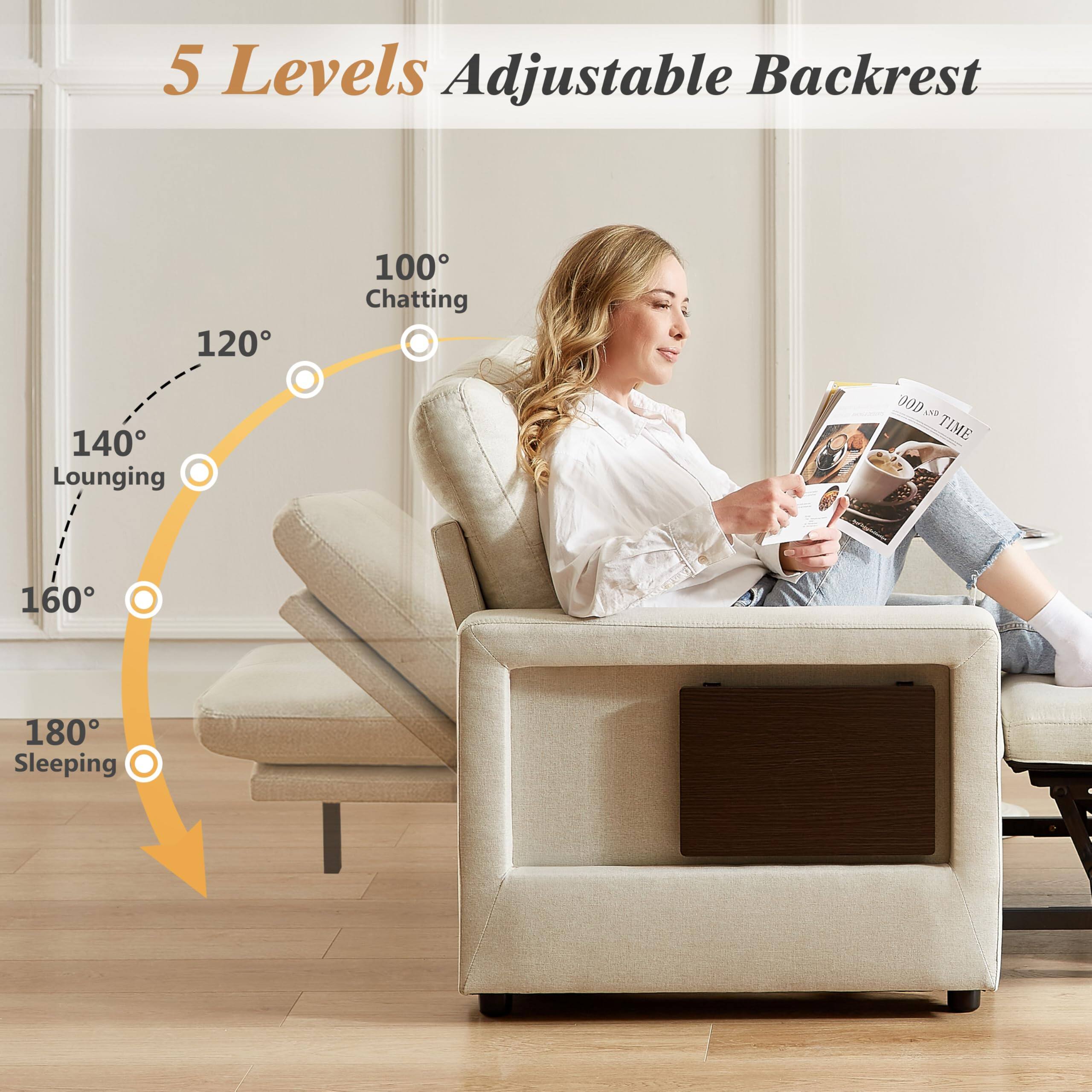 5 Levels Adjustable Backrest

100° Chatting  
120°  
140° Lounging  
160°  
180° Sleeping