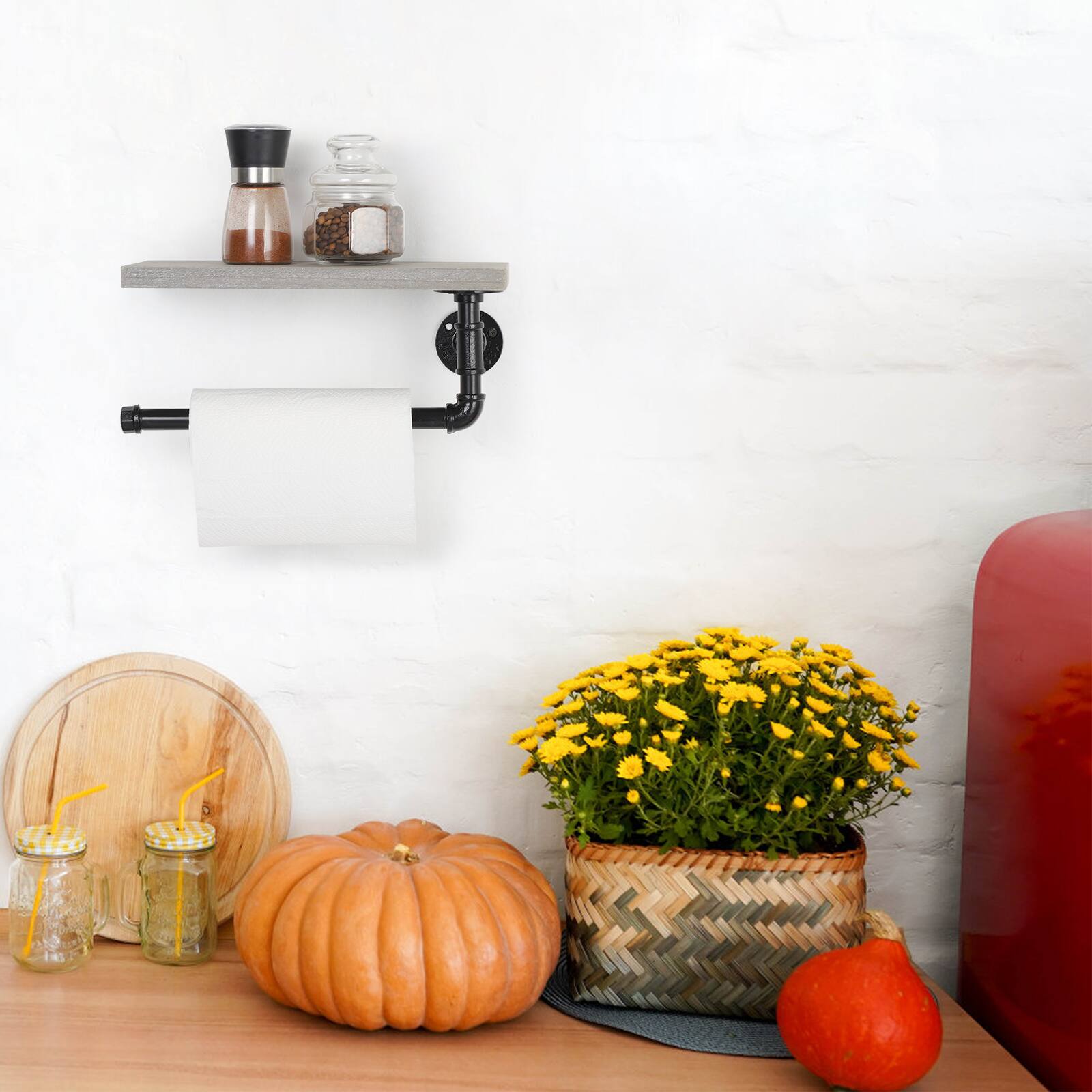 Alt View 2. Oumilen - Industrial Pipe Wall Mounted Paper Towel Holder with Grey Green Shelf – Kitchen Bathroom Rack.