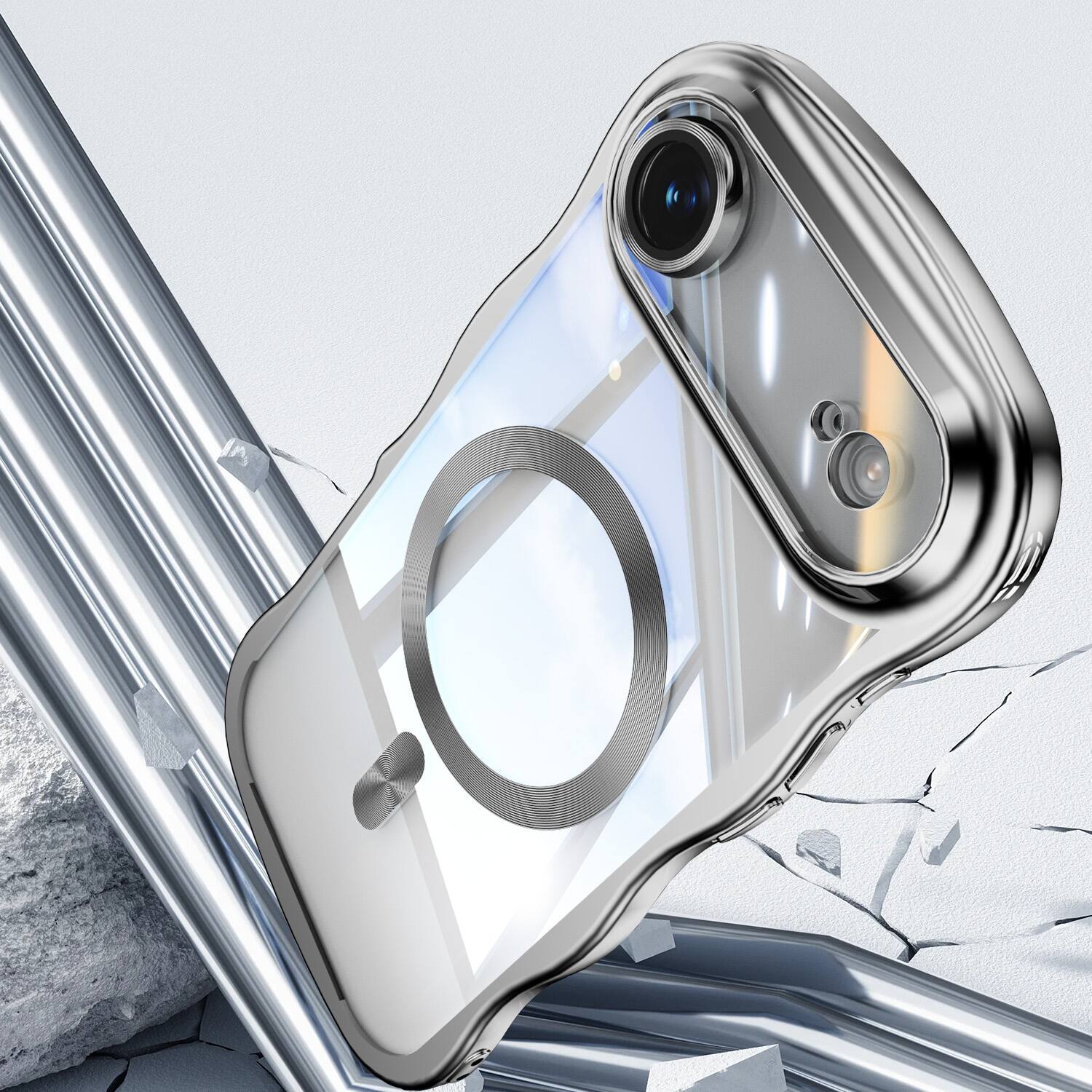Left. Dteck - Magnetic Case For iPhone Air With Built-in Lens Protector Shockproof Plating Curly Wavy Frame Clear Back Cover - Silver.
