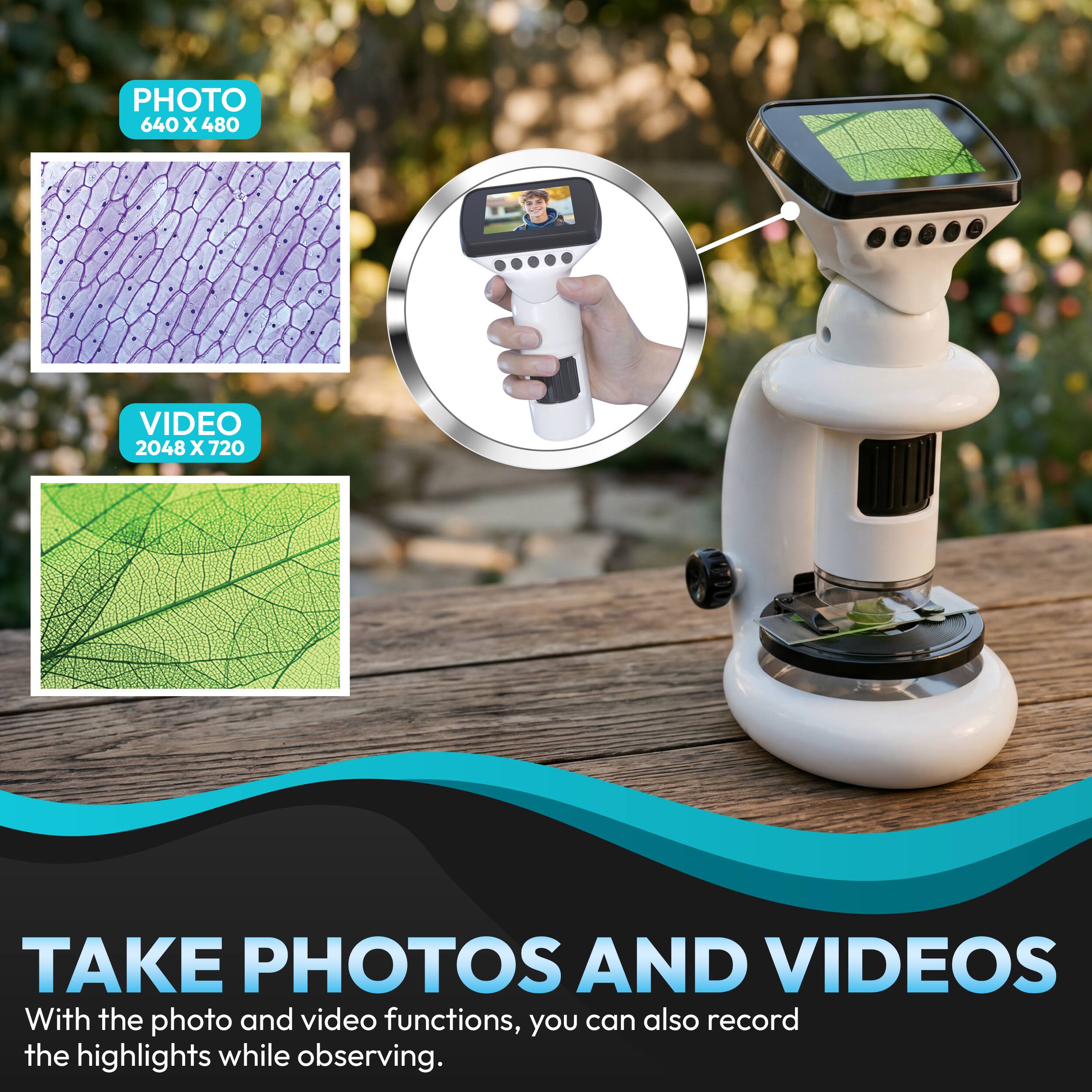 PHOTO 640 X 480  
VIDEO 2048 X 720  

TAKE PHOTOS AND VIDEOS  
With the photo and video functions, you can also record the highlights while observing.