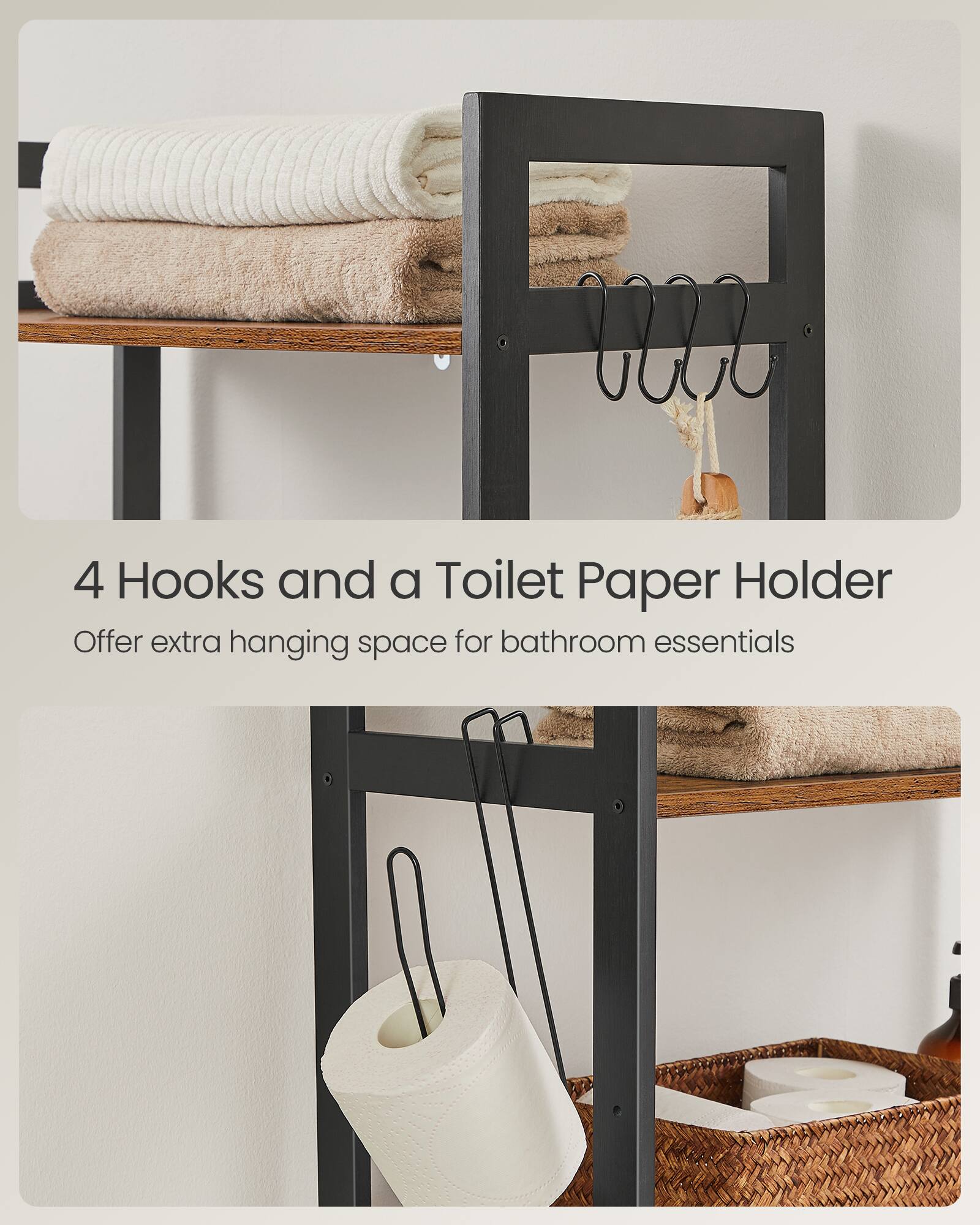4 Hooks and a Toilet Paper Holder

Offer extra hanging space for bathroom essentials