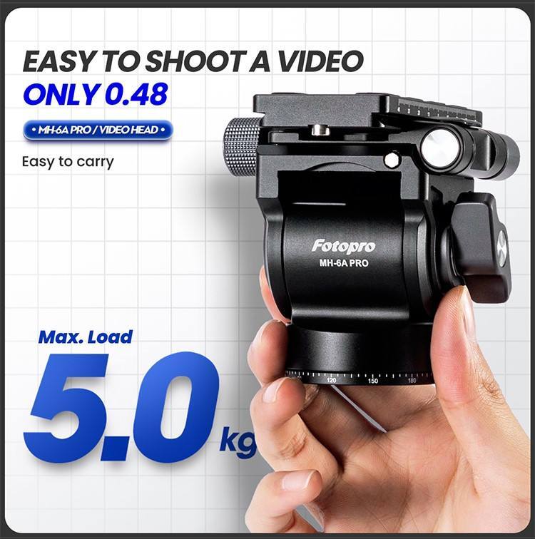 EASY TO SHOOT A VIDEO  
ONLY 0.48  
MH-6A PRO / VIDEO HEAD  
Easy to carry  
Fotopro MH-6A PRO  
Max. Load 5.0 kg
